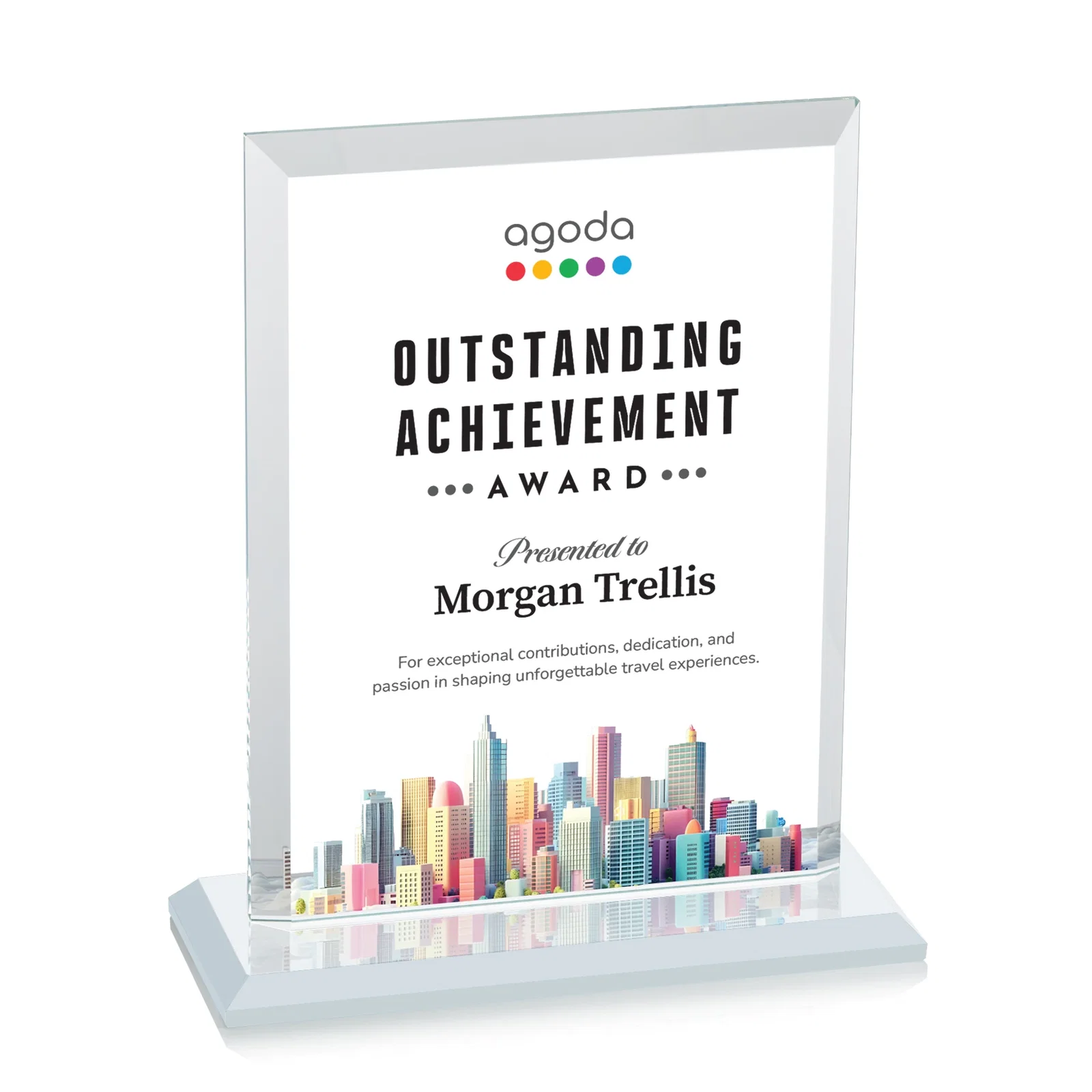 Custom Starfire Crystal Rectangle Award, Beveled Every Edge, White Base, awards, with your logo for dealer and partner awards