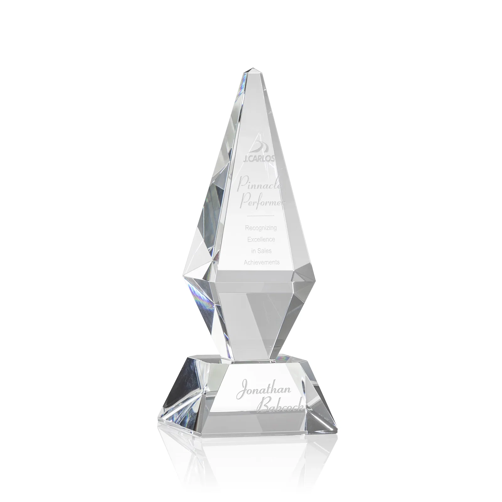 Custom Optical Crystal Diamond Award with Cascading Bevels on Thick Base for corporate award ceremonies