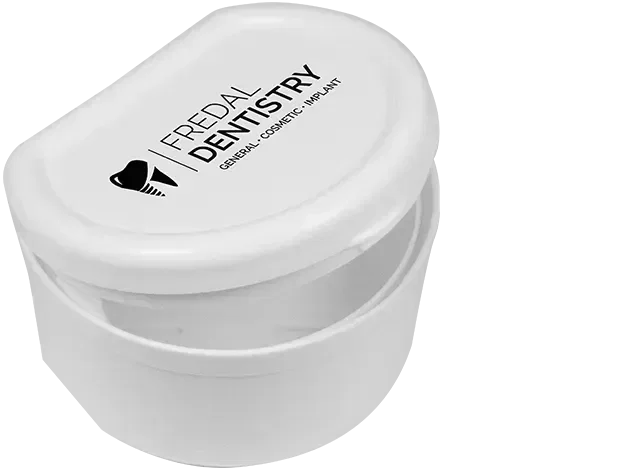 Denture / Retainer Case. Plastic denture and retainer case with rinse basket for dental office giveaways
