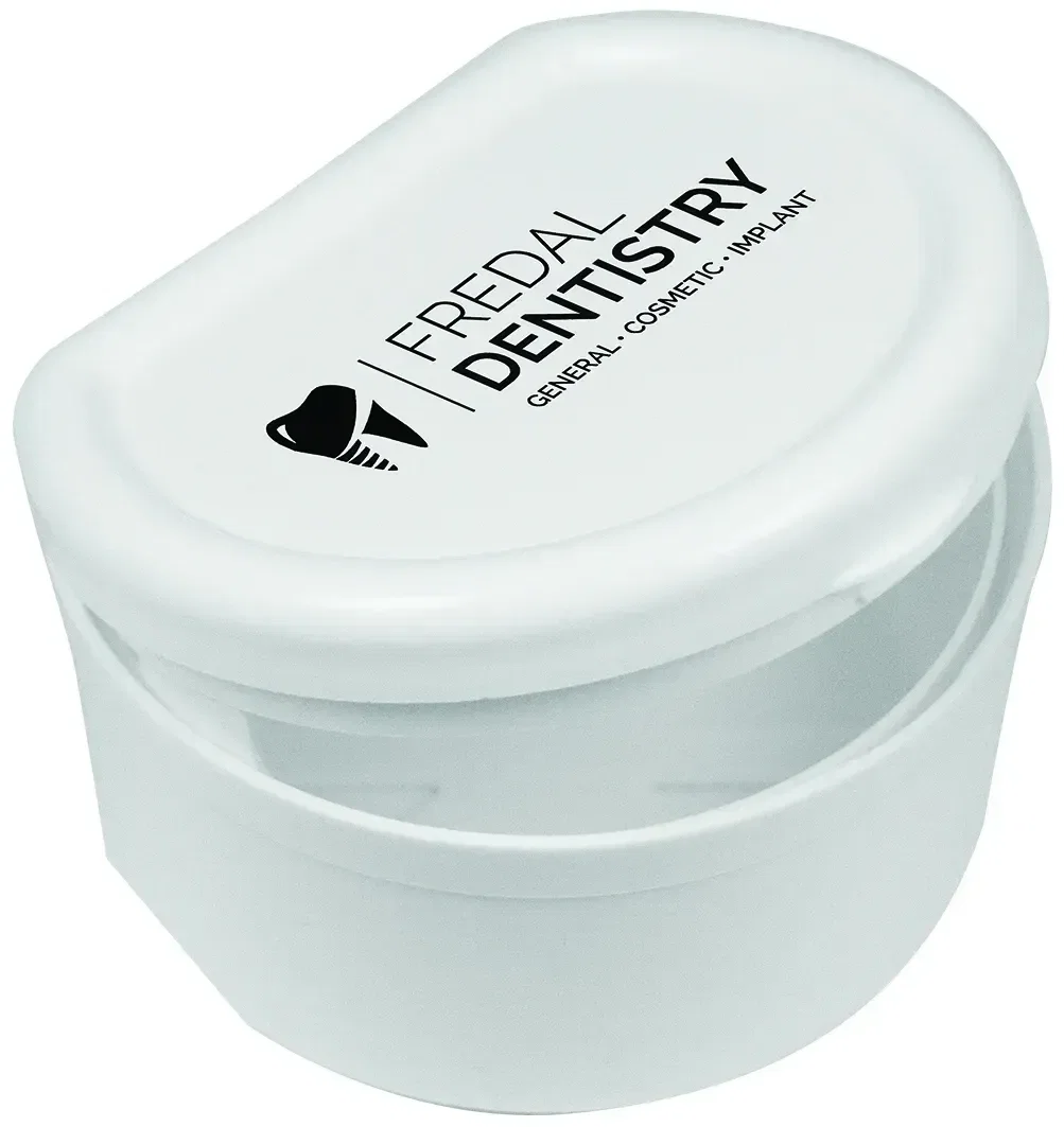 Denture / Retainer Case. Plastic denture and retainer case with rinse basket for dental office giveaways, view 2