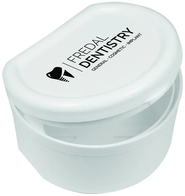 Denture / Retainer Case. Plastic denture and retainer case with rinse basket for dental office giveaways, view 2
