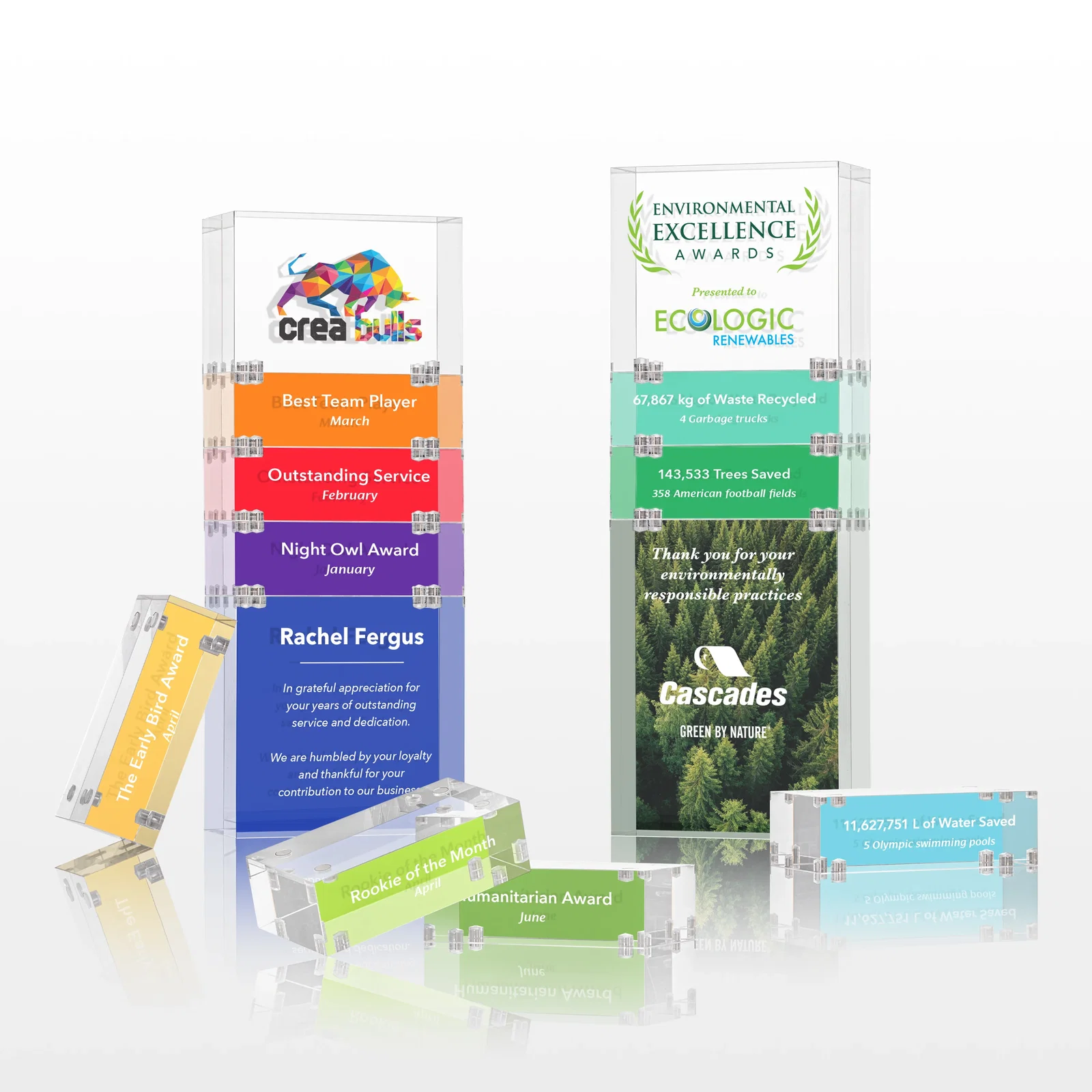 Personalized Stackable Acrylic Milestone Award, 3-Block Set for retirement presentations