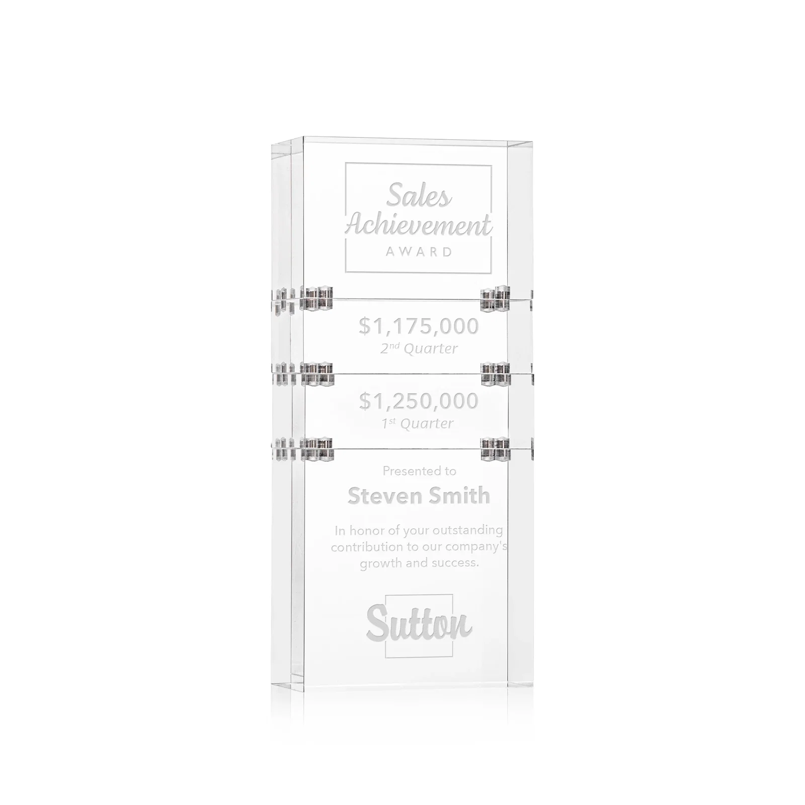 Custom Stackable Acrylic Milestone Award, 3-Block Set for team milestone celebrations