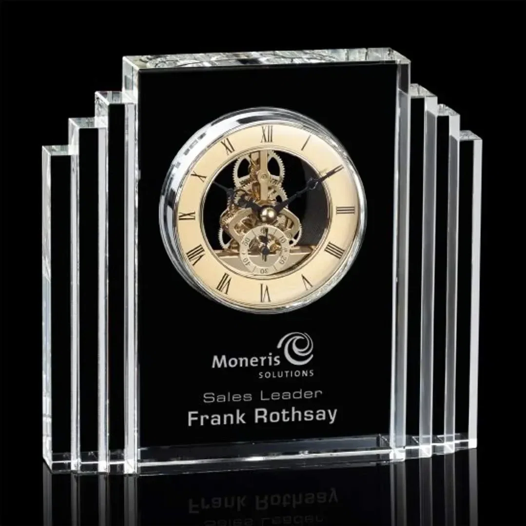Crystal Clock with Visible Gold Skeleton Movement
