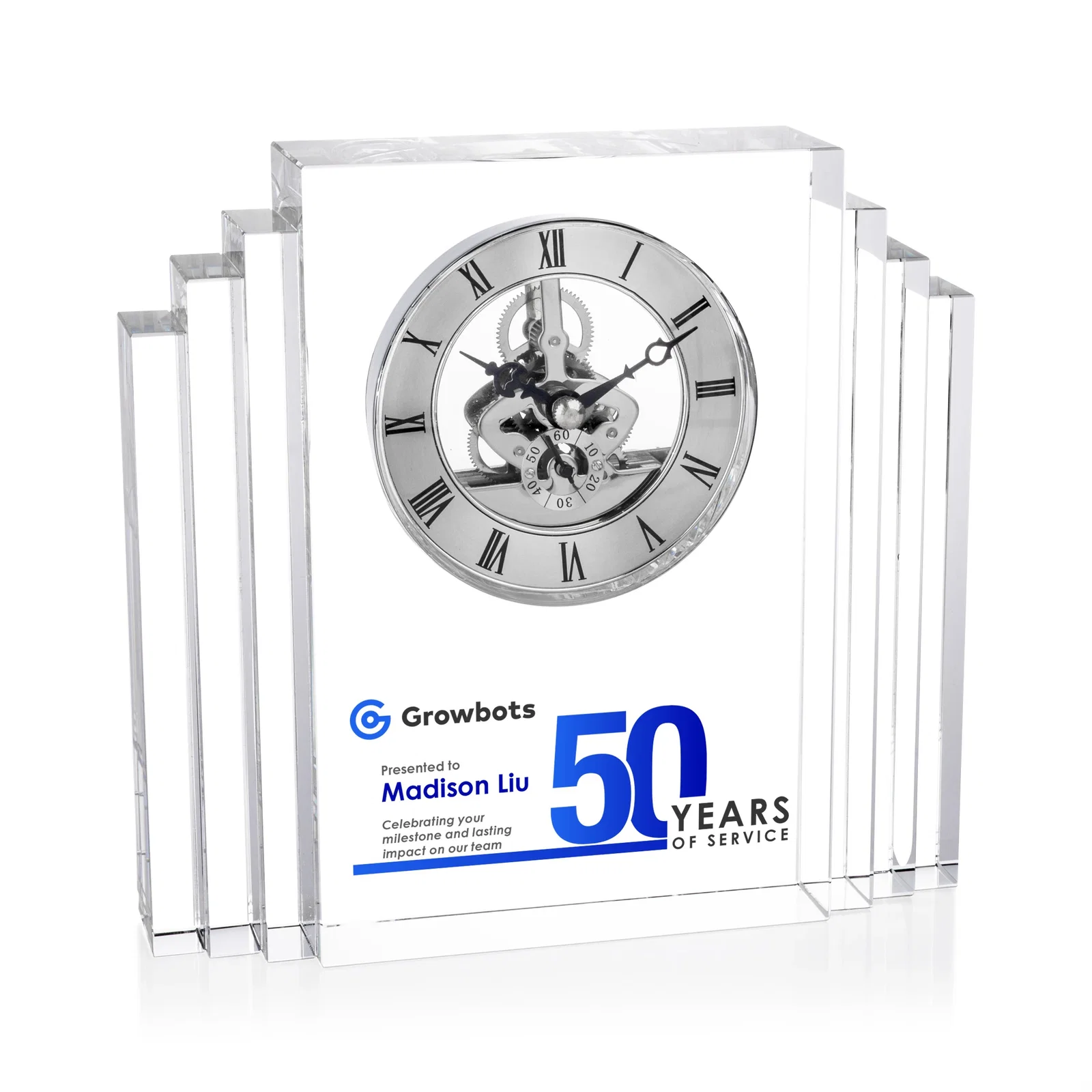 Custom Stepped Optical Crystal Clock With Roman Numeral Gold Skeleton for graduation ceremonies