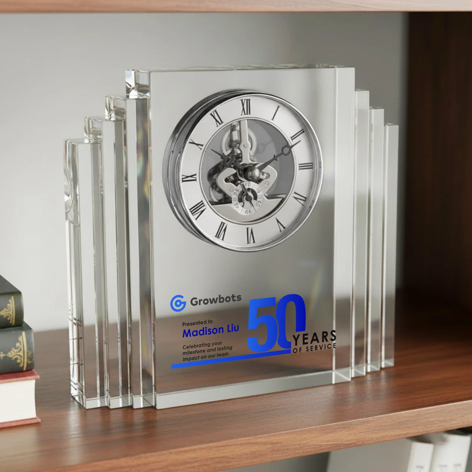 Custom Stepped Optical Crystal Clock With Roman Numeral Gold Skeleton for safety achievement programs