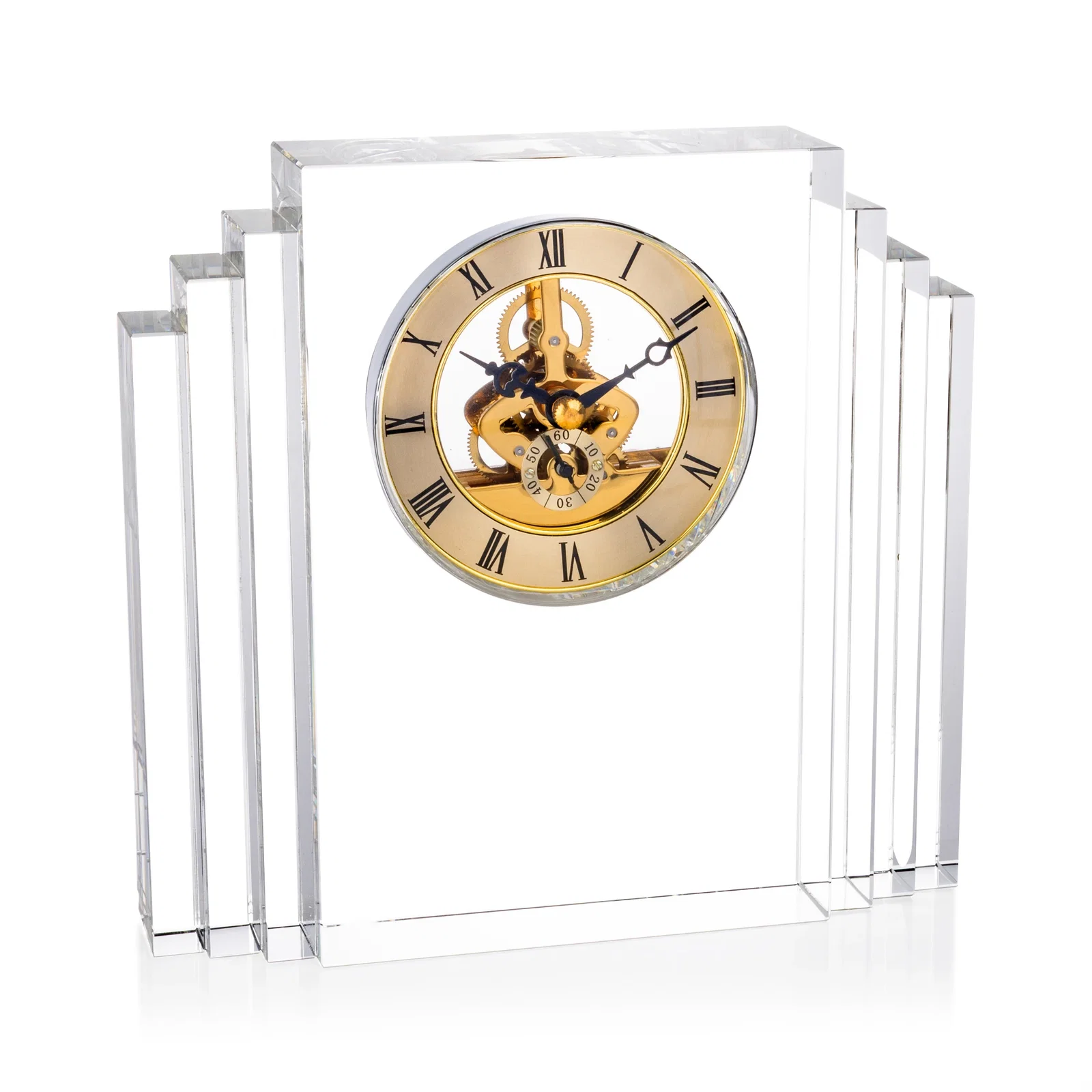 Custom Stepped Optical Crystal Clock With Roman Numeral Gold Skeleton for volunteer appreciation
