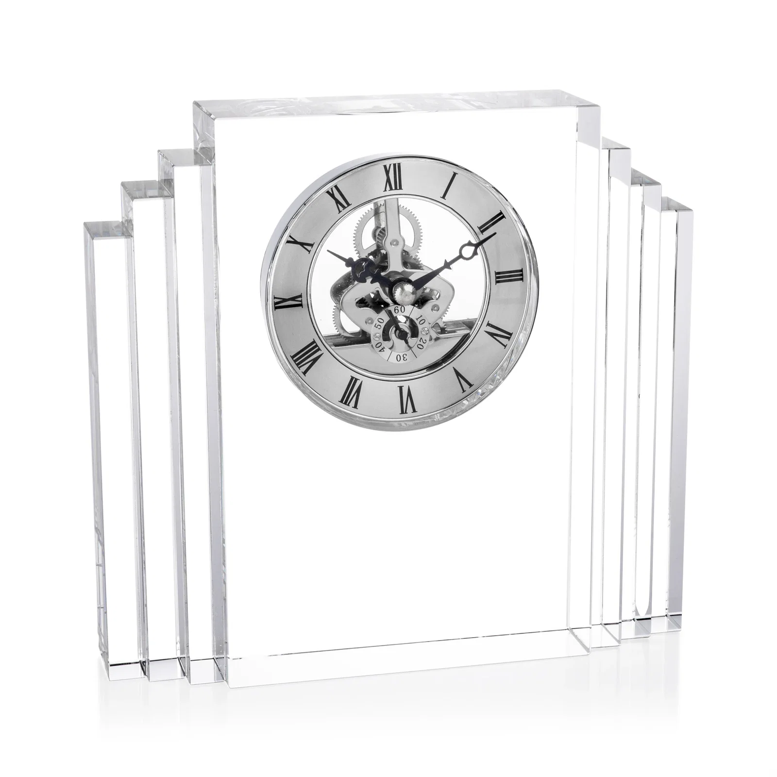 Custom Stepped Optical Crystal Clock With Roman Numeral Gold Skeleton for dealer and partner awards