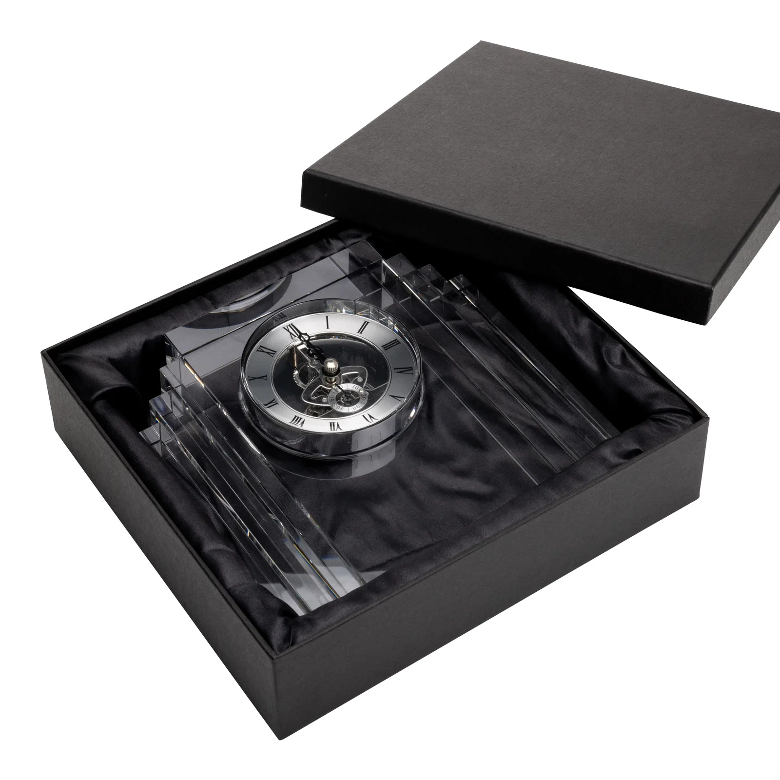 Custom Stepped Optical Crystal Clock With Roman Numeral Gold Skeleton for corporate award ceremonies