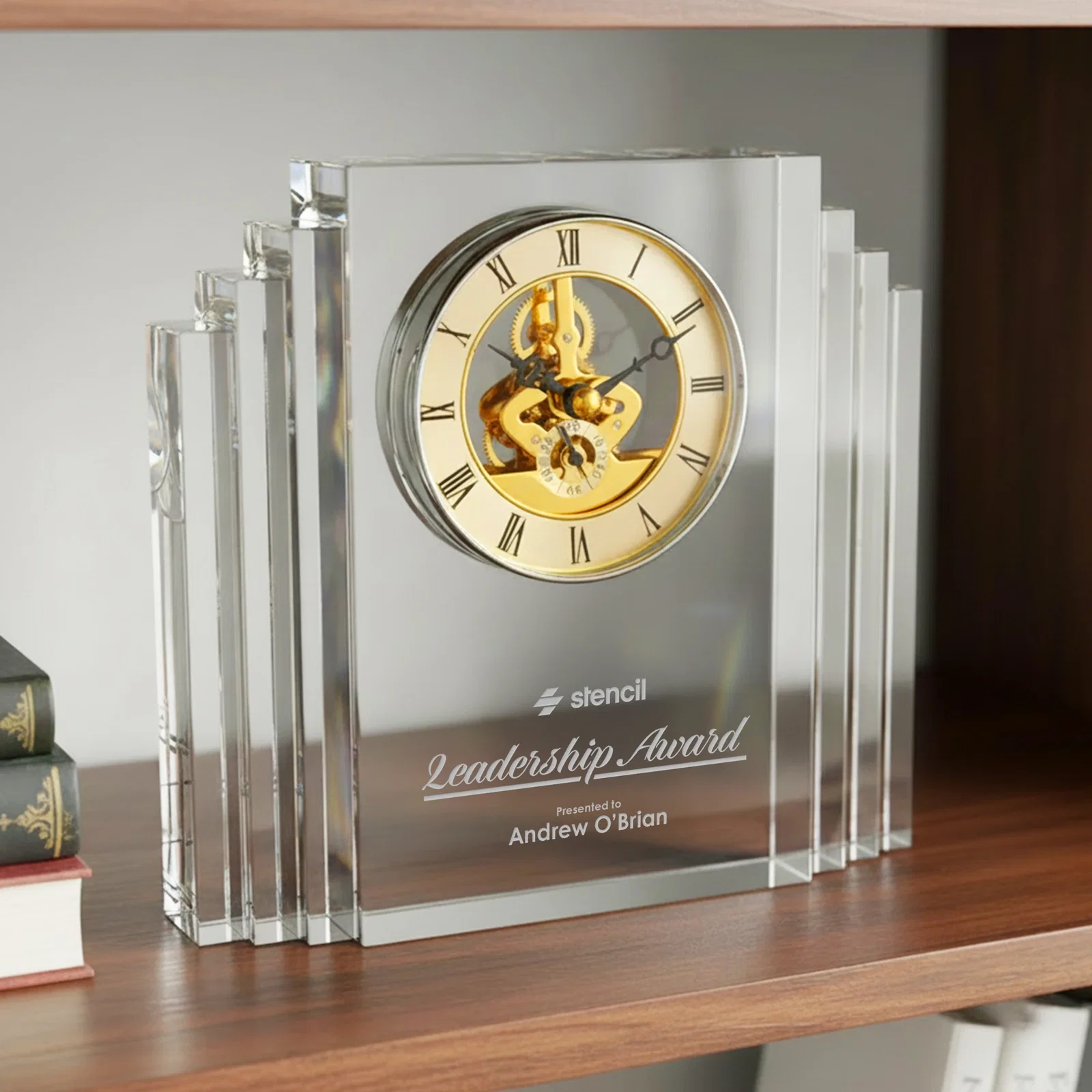 Custom Stepped Optical Crystal Clock With Roman Numeral Gold Skeleton for service anniversary gifts
