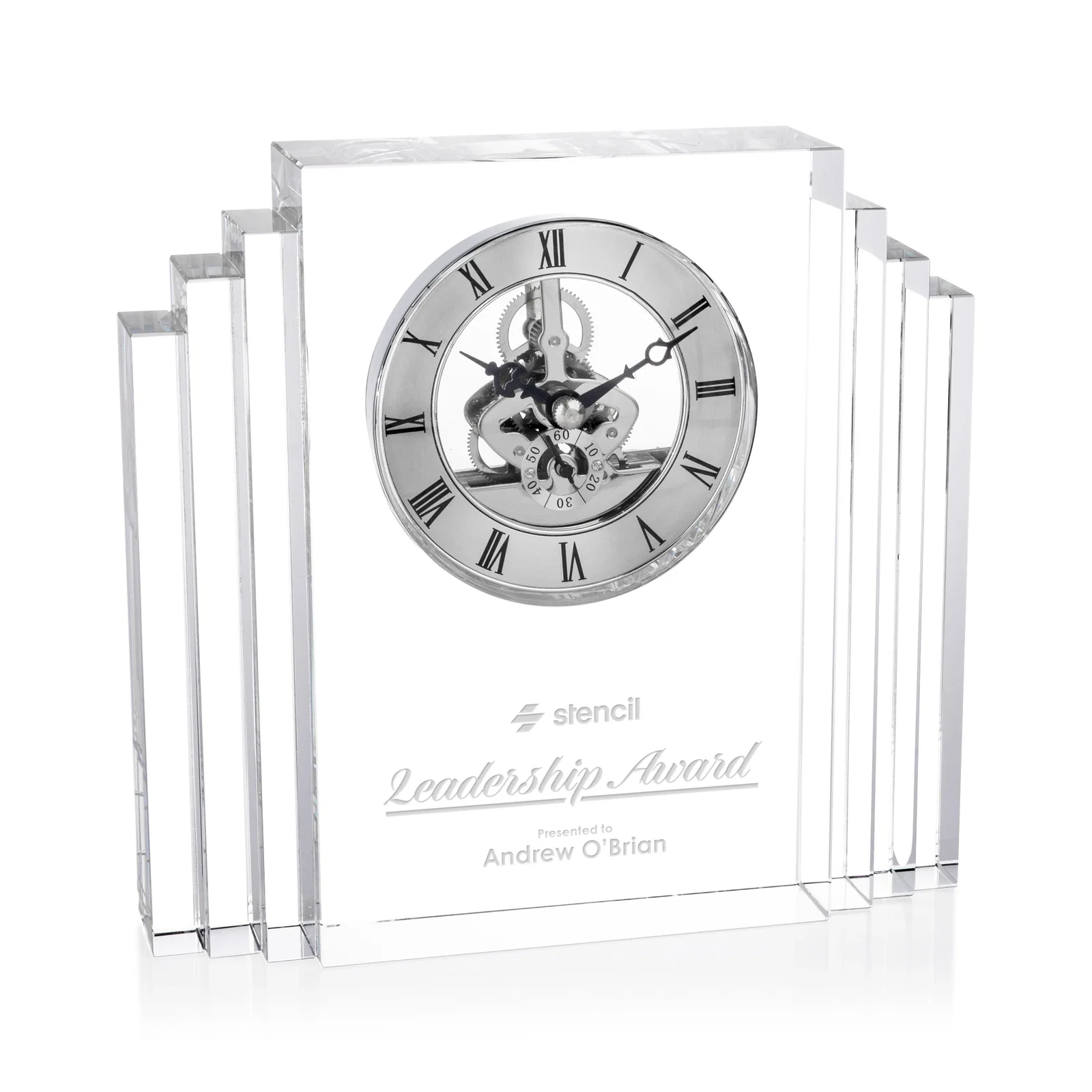 Custom Stepped Optical Crystal Clock With Roman Numeral Gold Skeleton for sales achievement awards