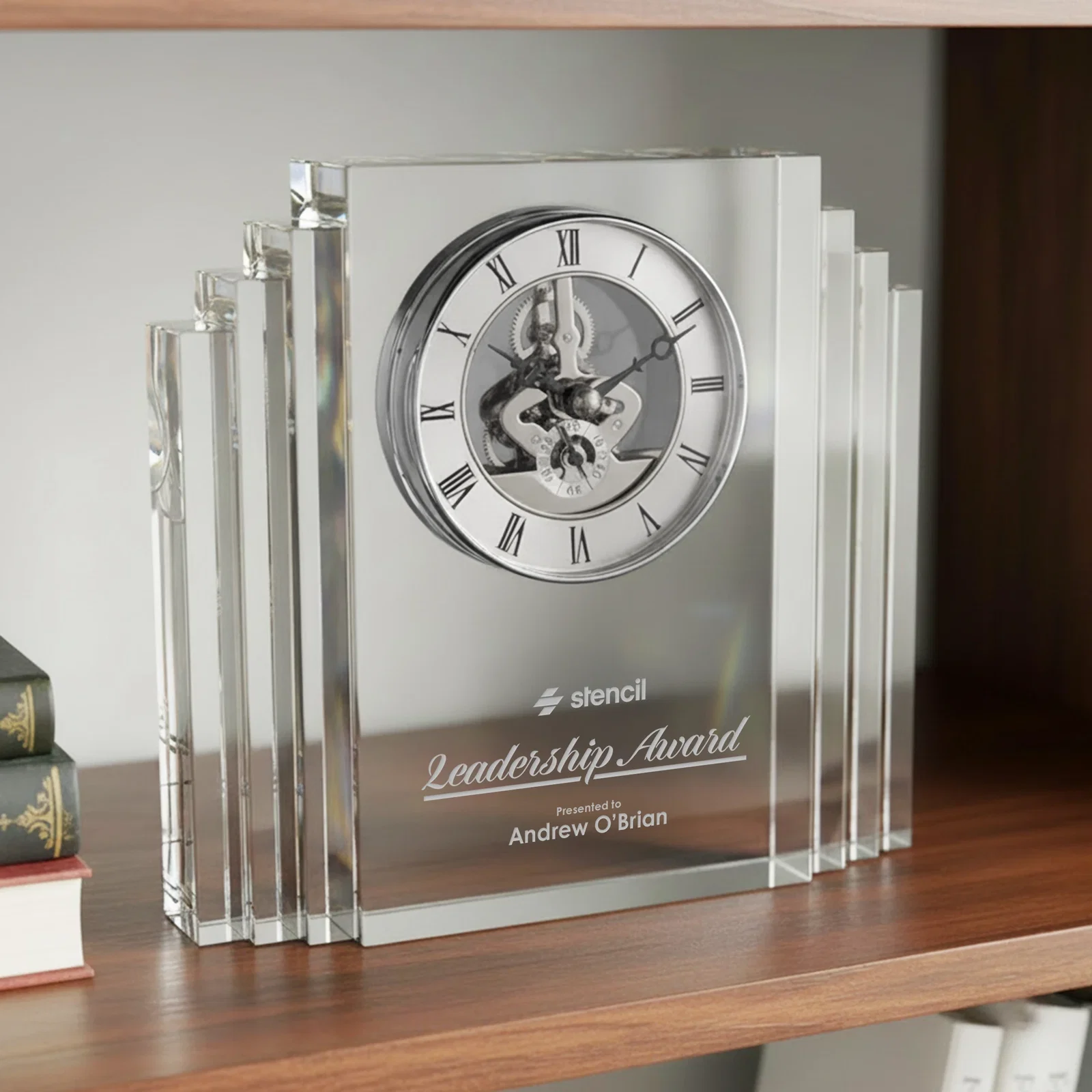 Custom Stepped Optical Crystal Clock With Roman Numeral Gold Skeleton for retirement presentations