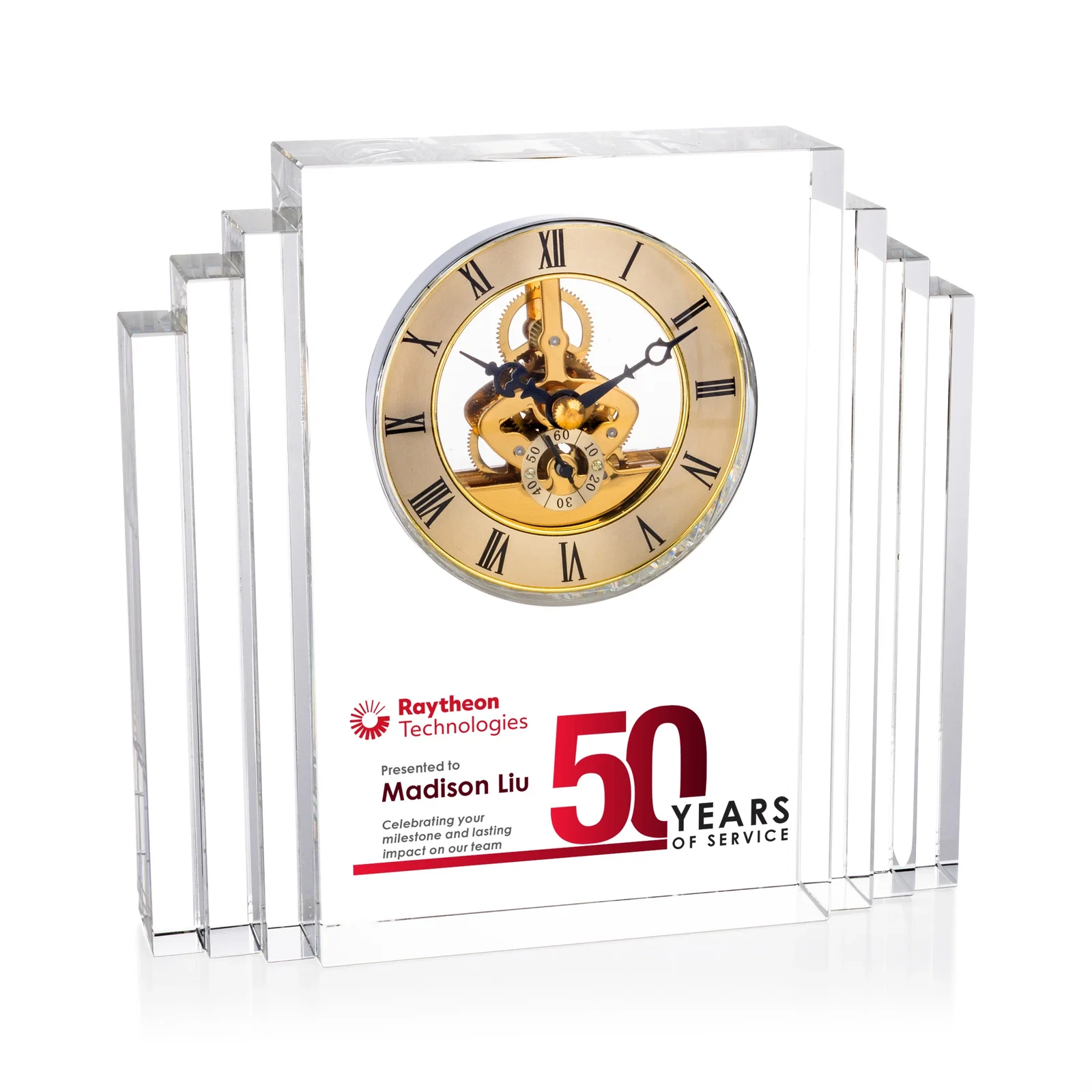Custom Stepped Optical Crystal Clock With Roman Numeral Gold Skeleton for team milestone celebrations