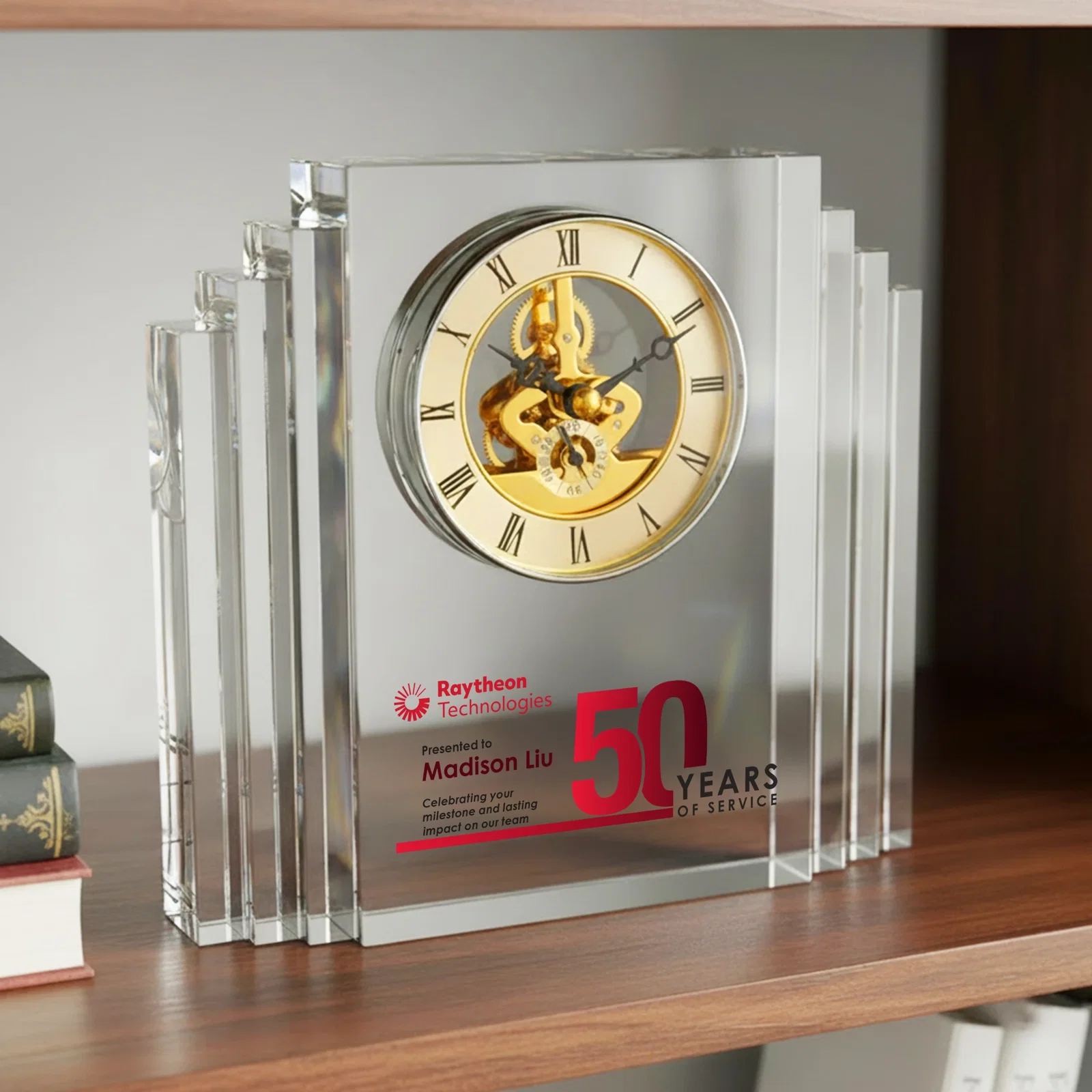 Custom Stepped Optical Crystal Clock With Roman Numeral Gold Skeleton for donor appreciation
