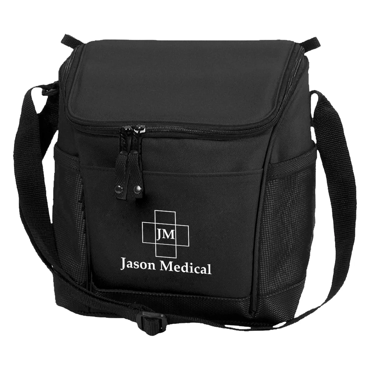 Black cooler bag with matching trim shown from the front