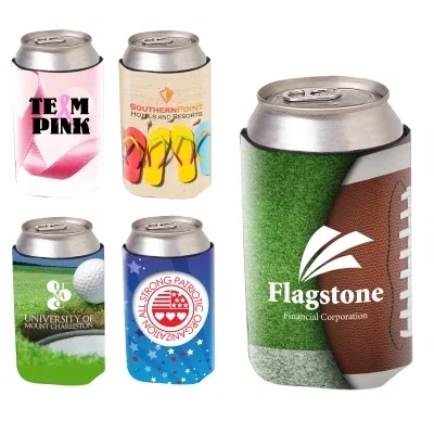 Dye-sublimated can cooler printed with full-color artwork on white foam
