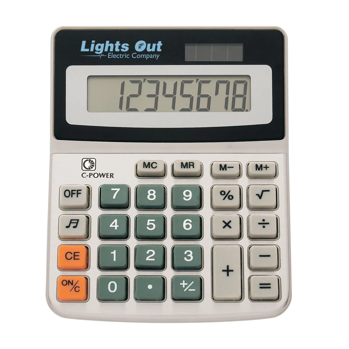 Silver desk calculator with black keys and a wide display