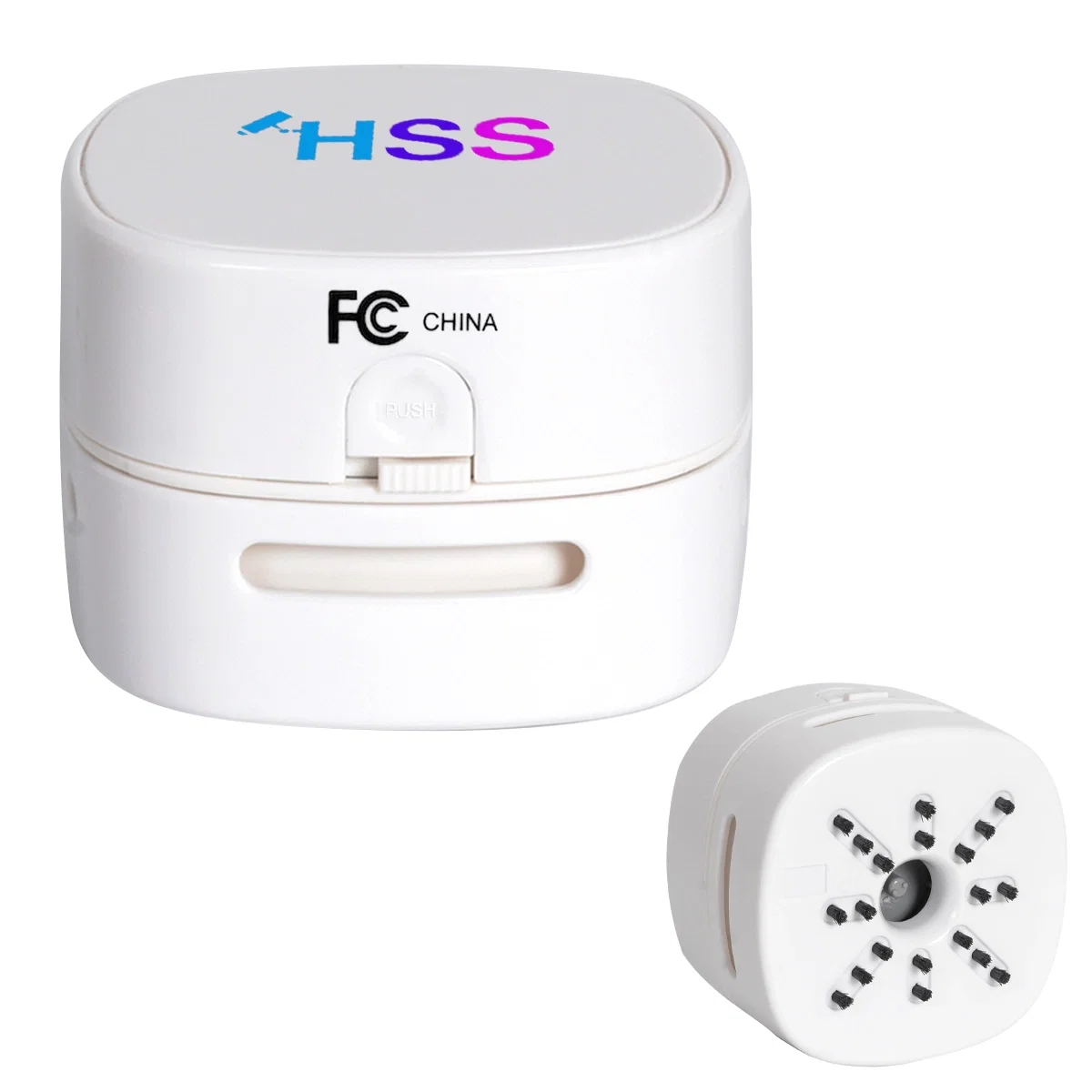 White desktop vacuum cleaner sized at three inches across