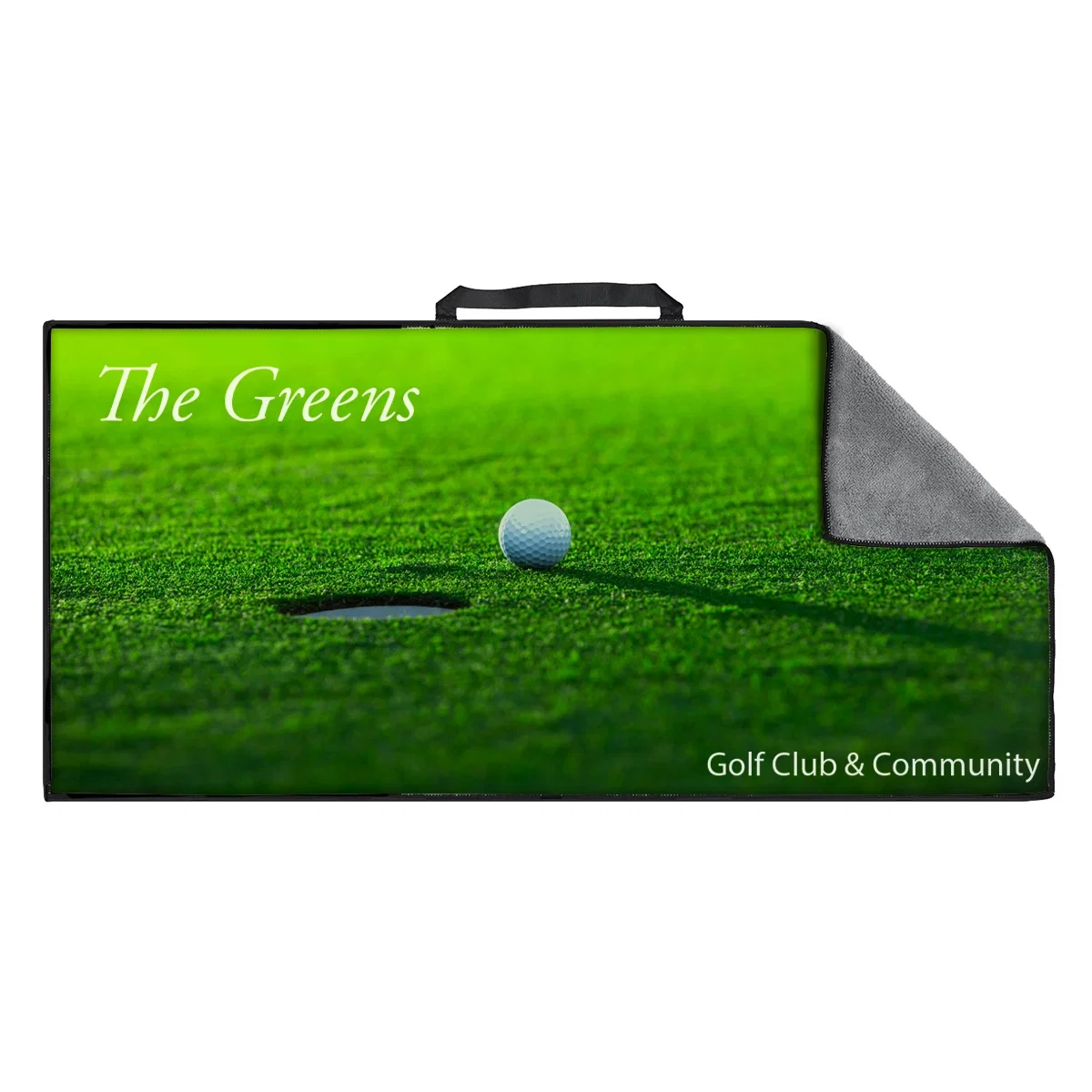 White microfiber golf towel laid out flat