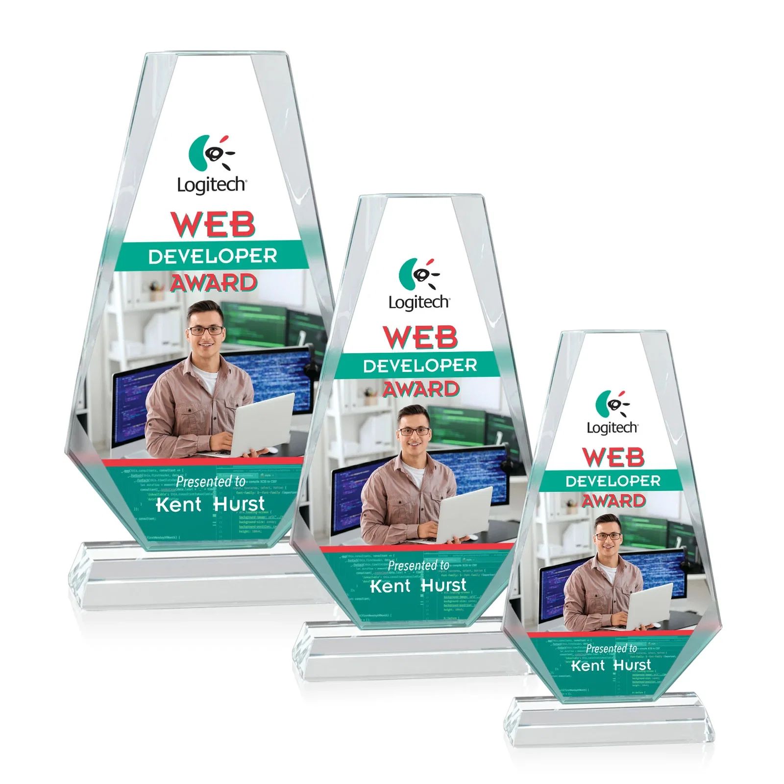 Custom Starfire Crystal Triangle Award, One-Piece Beveled Silhouette, awards for retirement presentations