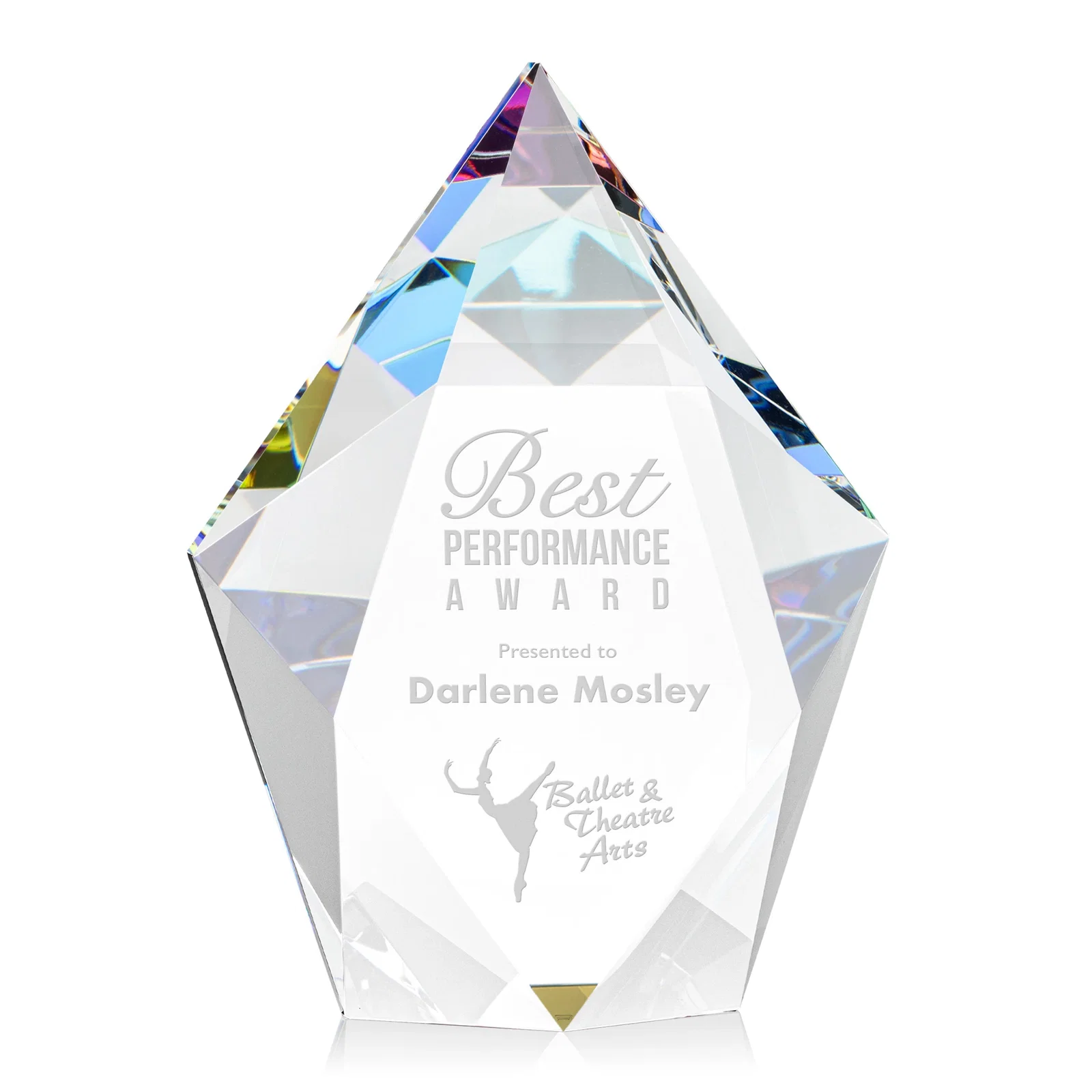 Branded Optical Crystal Pentagon Award With Faceted Halo Border, awards for retirement presentations