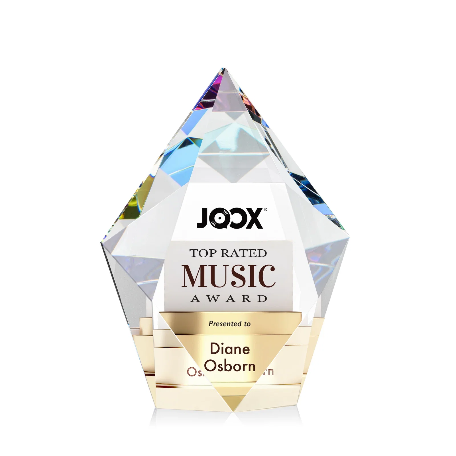 Custom printed Optical Crystal Pentagon Award With Faceted Halo Border, awards for retirement presentations