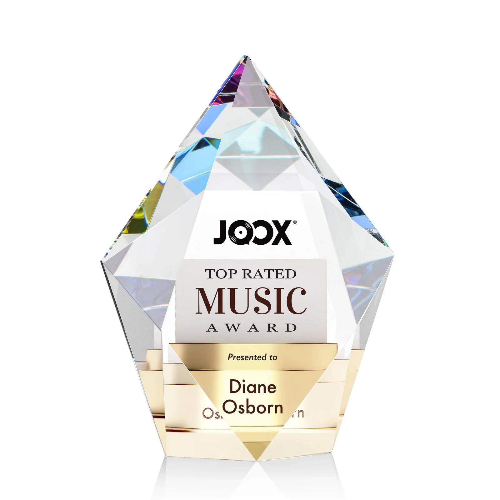 Custom printed Optical Crystal Pentagon Award With Faceted Halo Border, awards for team milestone celebrations