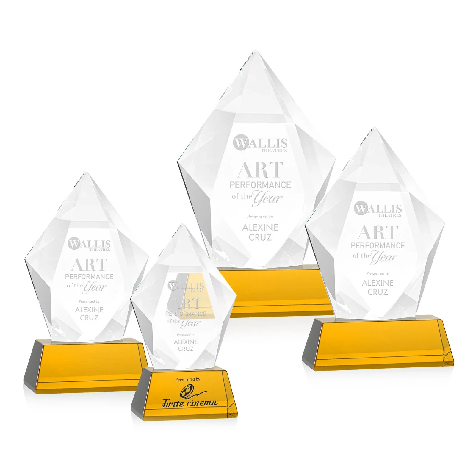 Custom Faceted Optical Crystal Pentagon Award on Tall Tapered Base, awards for employee recognition