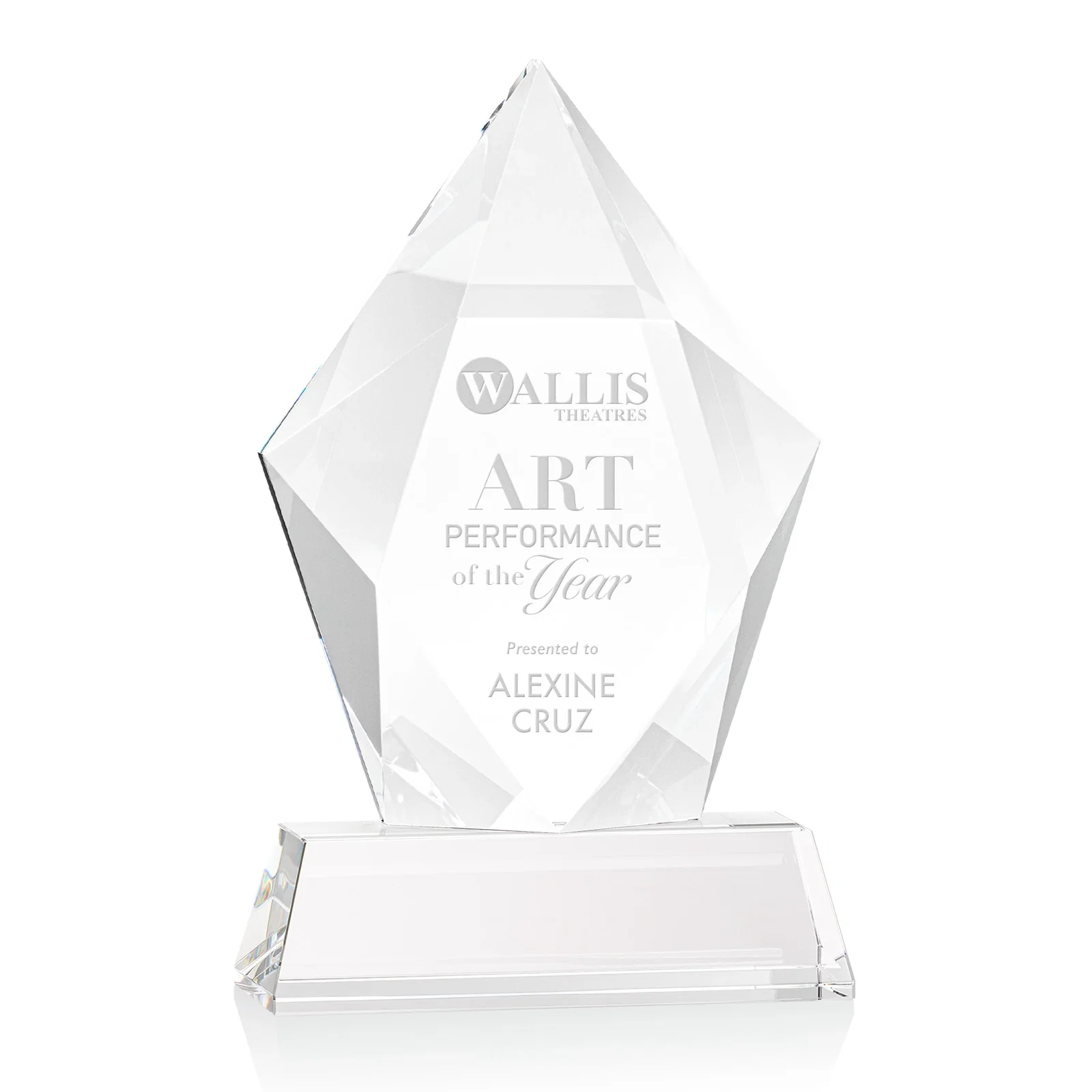 Custom Faceted Optical Crystal Pentagon Award on Tall Tapered Base, awards for volunteer appreciation