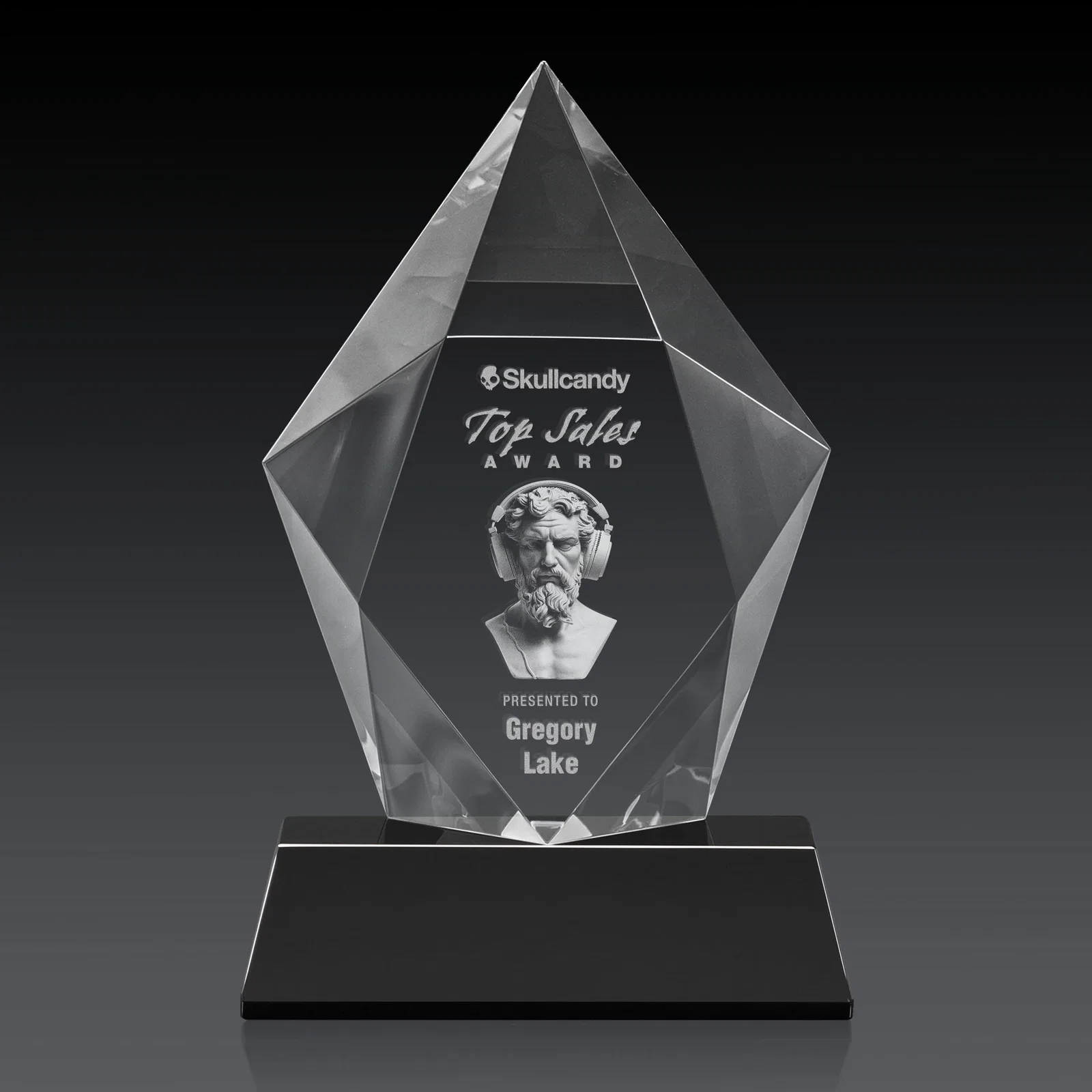Personalized Faceted Optical Crystal Pentagon Award on Tall Tapered Base, awards, with your logo for sales achievement awards