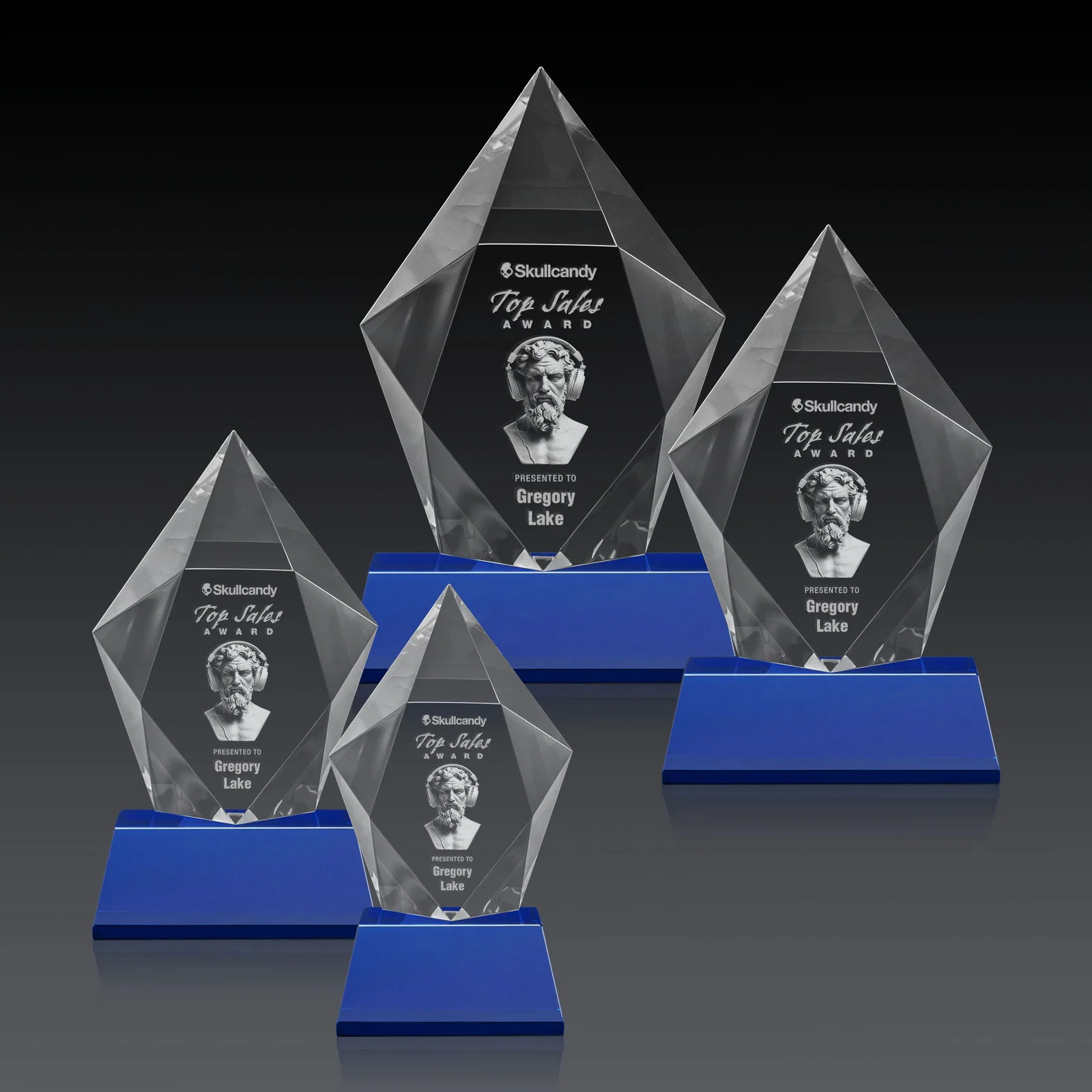 Personalized Faceted Optical Crystal Pentagon Award on Tall Tapered Base, awards, with your logo for retirement presentations