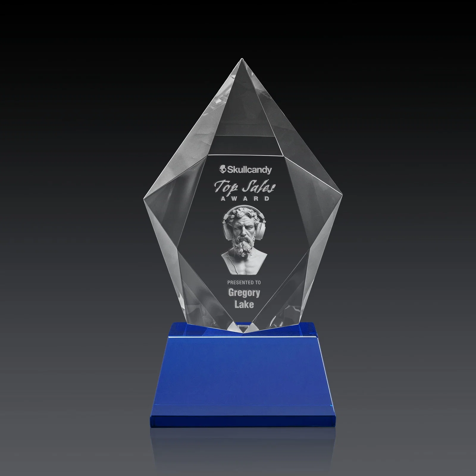 Personalized Faceted Optical Crystal Pentagon Award on Tall Tapered Base, awards, with your logo for team milestone celebrations