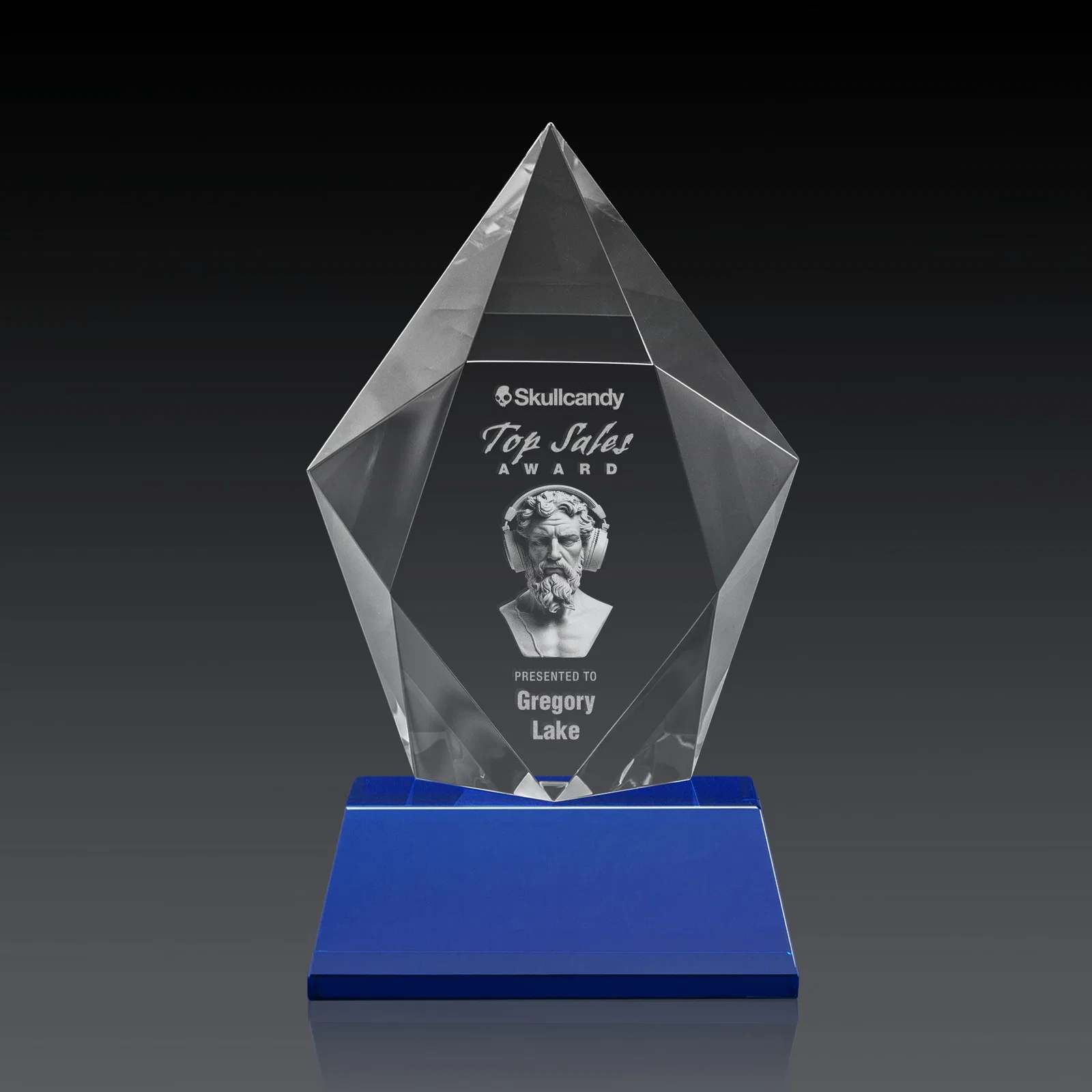 Personalized Faceted Optical Crystal Pentagon Award on Tall Tapered Base, awards, with your logo for donor appreciation