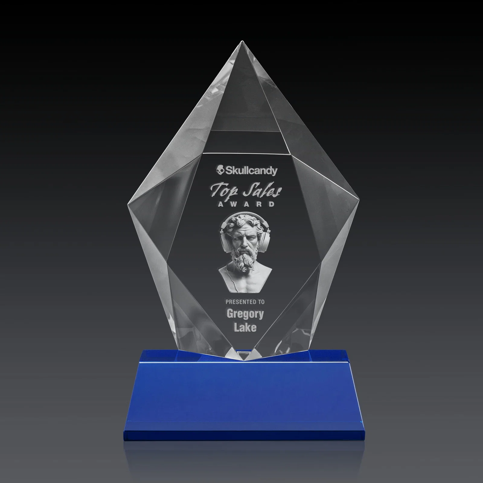 Personalized Faceted Optical Crystal Pentagon Award on Tall Tapered Base, awards, with your logo for graduation ceremonies