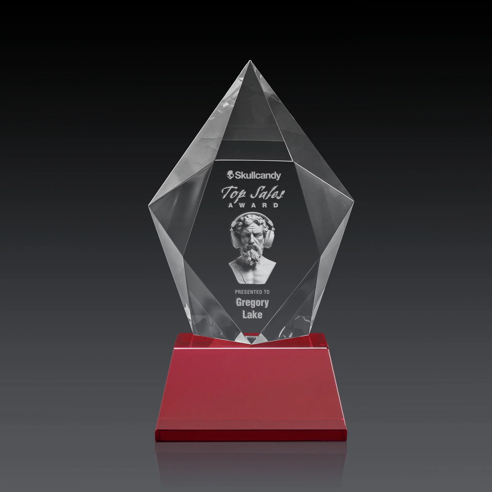 Personalized Faceted Optical Crystal Pentagon Award on Tall Tapered Base, awards, with your logo for dealer and partner awards