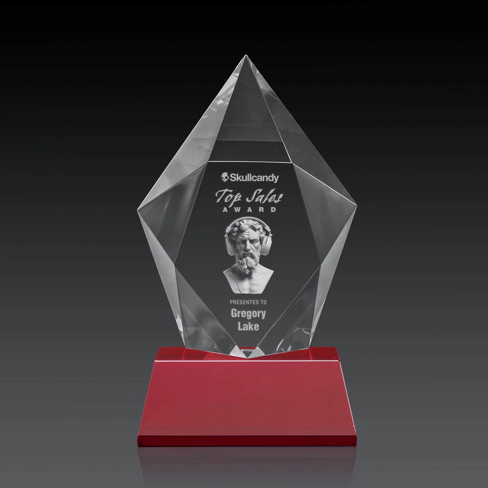 Personalized Faceted Optical Crystal Pentagon Award on Tall Tapered Base, awards, with your logo for company anniversary events