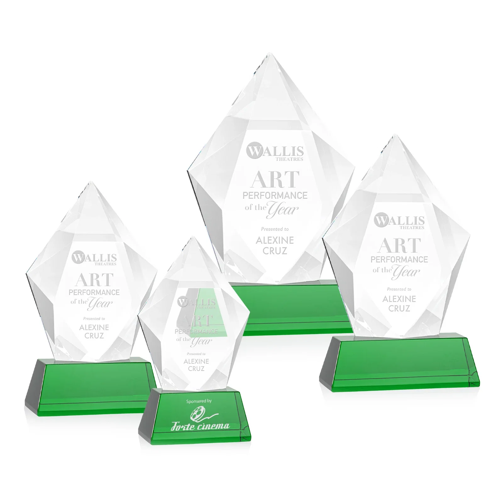 Custom Faceted Optical Crystal Pentagon Award on Tall Tapered Base, awards for dealer and partner awards