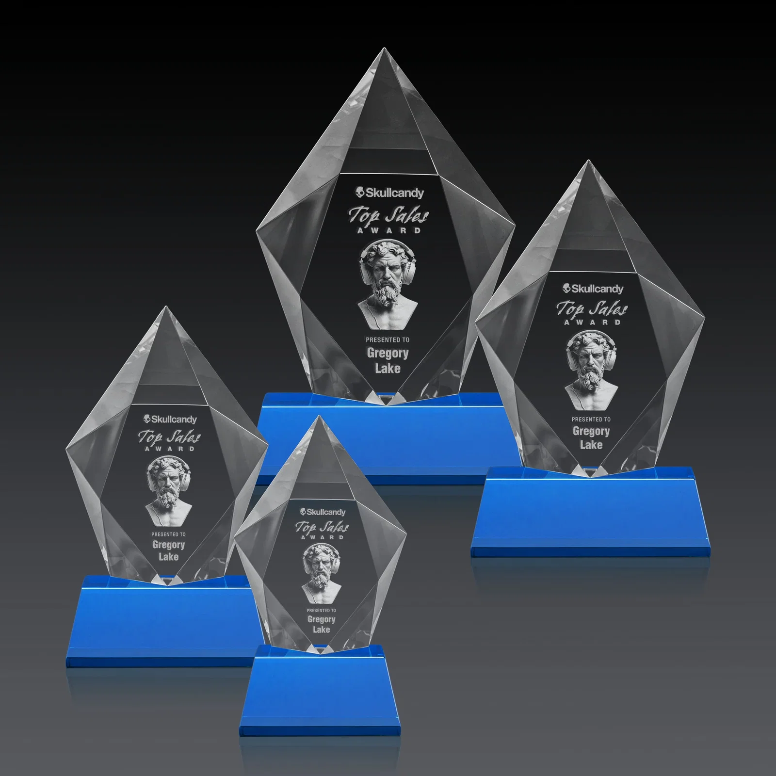 Promotional Faceted Optical Crystal Pentagon Award on Tall Tapered Base, awards, with your logo for service anniversary gifts