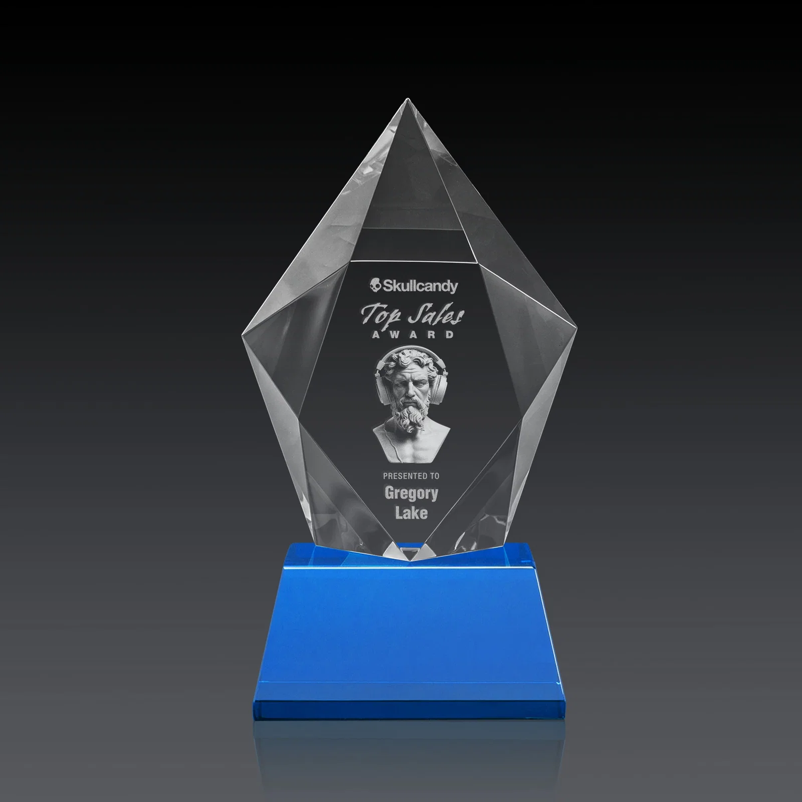 Promotional Faceted Optical Crystal Pentagon Award on Tall Tapered Base, awards, with your logo for sales achievement awards
