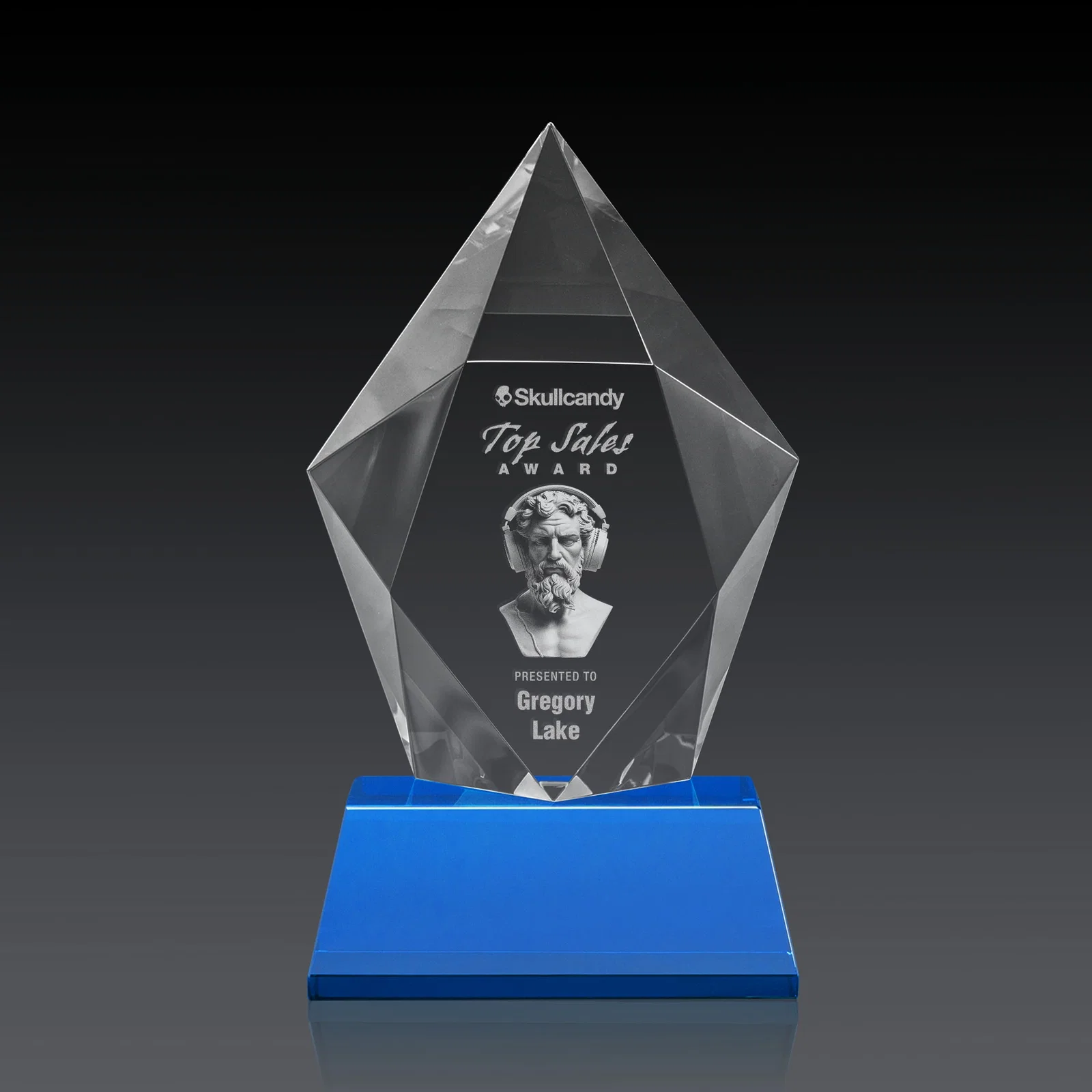 Promotional Faceted Optical Crystal Pentagon Award on Tall Tapered Base, awards, with your logo for retirement presentations