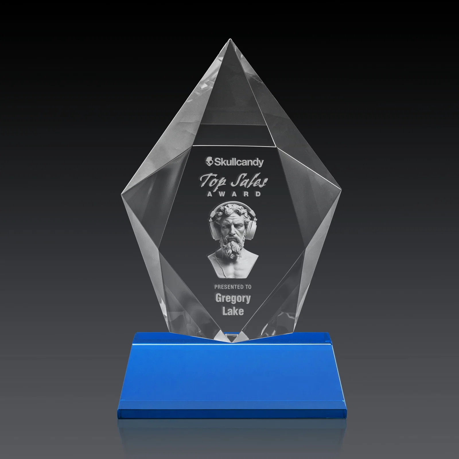 Promotional Faceted Optical Crystal Pentagon Award on Tall Tapered Base, awards, with your logo for team milestone celebrations