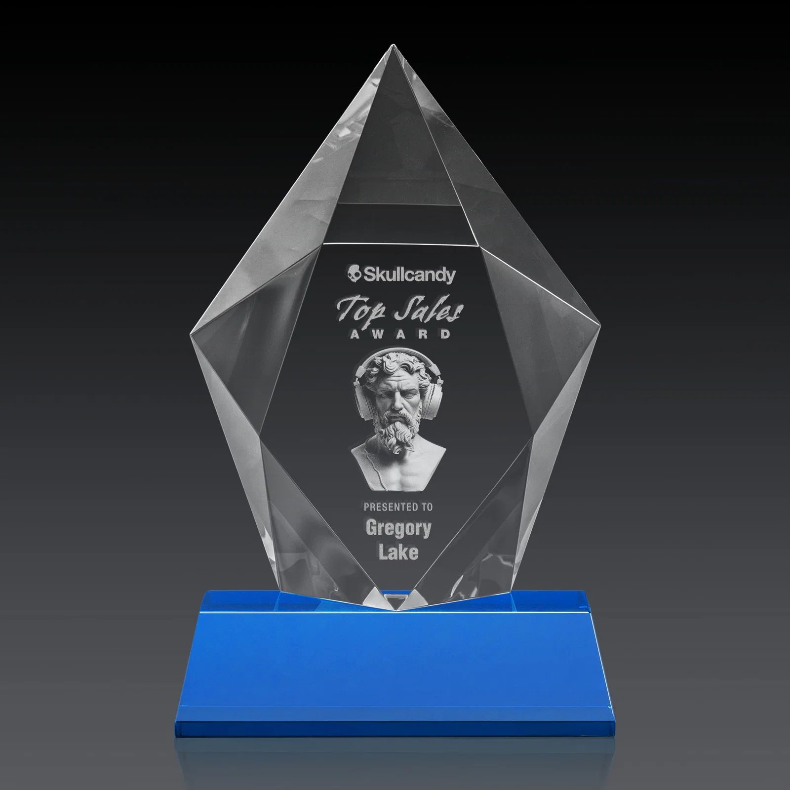 Promotional Faceted Optical Crystal Pentagon Award on Tall Tapered Base, awards, with your logo for donor appreciation