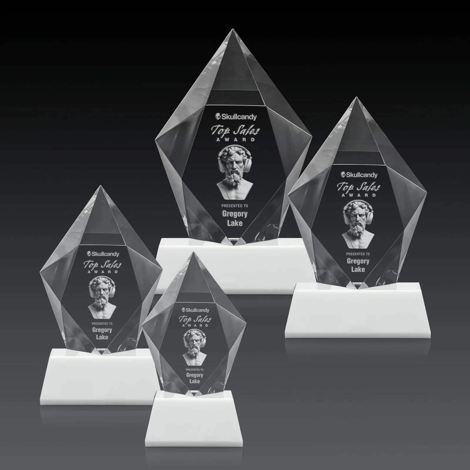 Promotional Faceted Optical Crystal Pentagon Award on Tall Tapered Base, awards, with your logo for graduation ceremonies