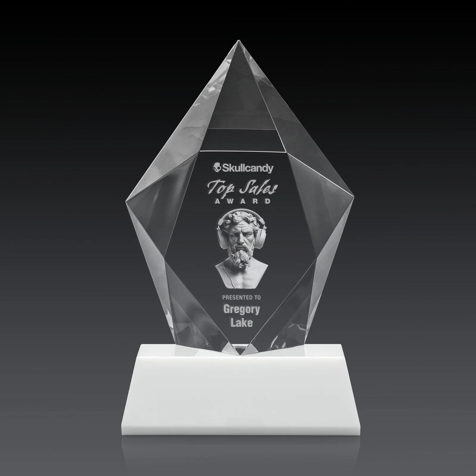 Promotional Faceted Optical Crystal Pentagon Award on Tall Tapered Base, awards, with your logo for dealer and partner awards