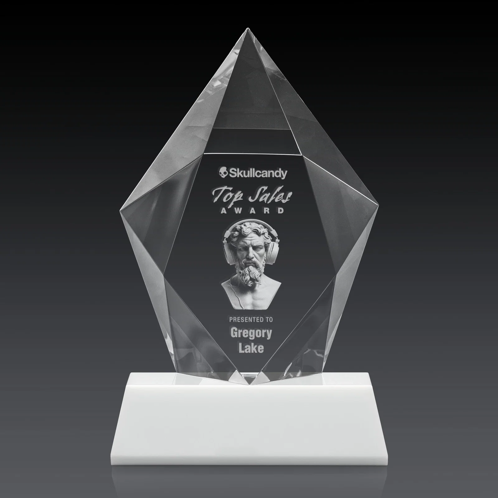 Promotional Faceted Optical Crystal Pentagon Award on Tall Tapered Base, awards, with your logo for company anniversary events