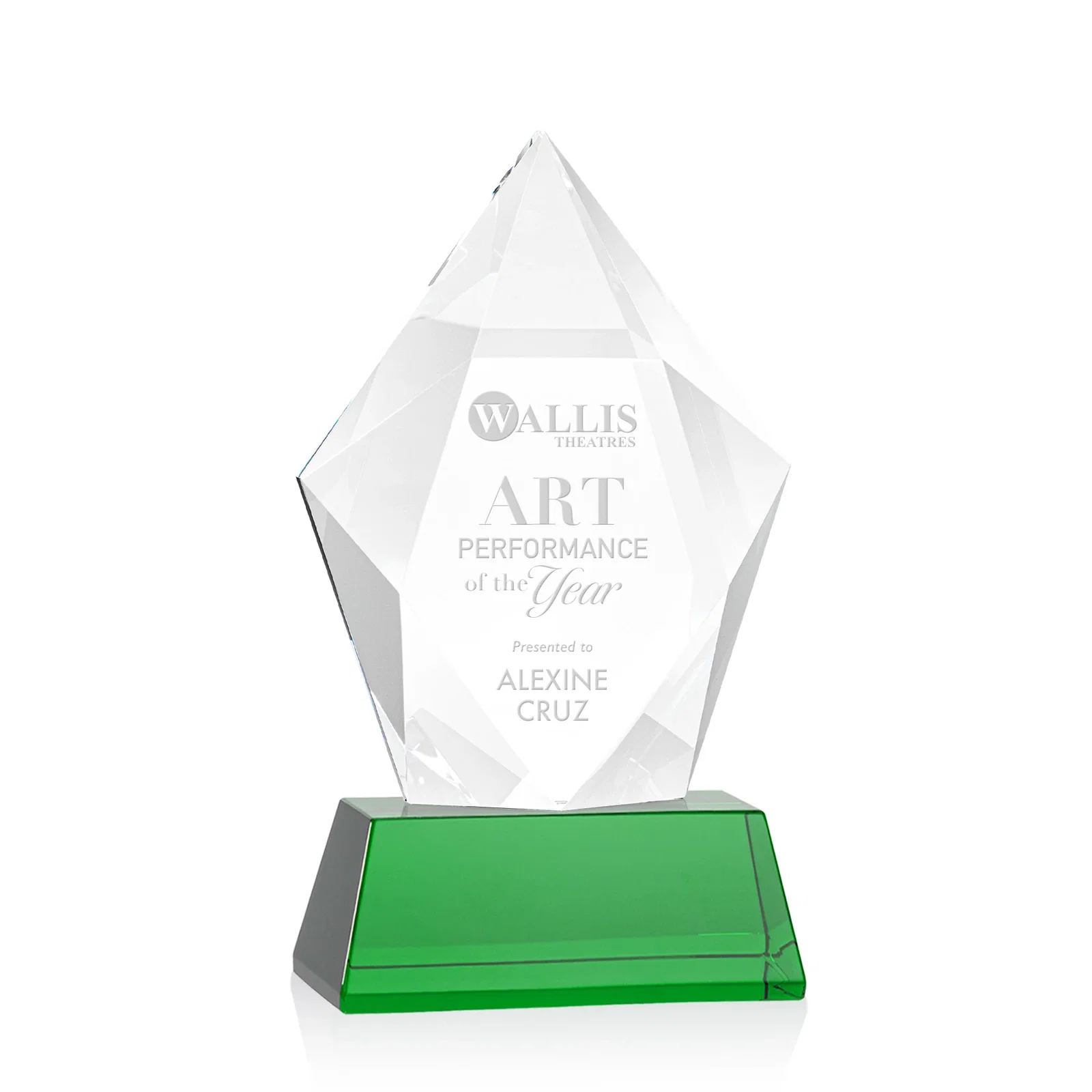 Personalized Faceted Optical Crystal Pentagon Award on Tall Tapered Base, awards for employee recognition