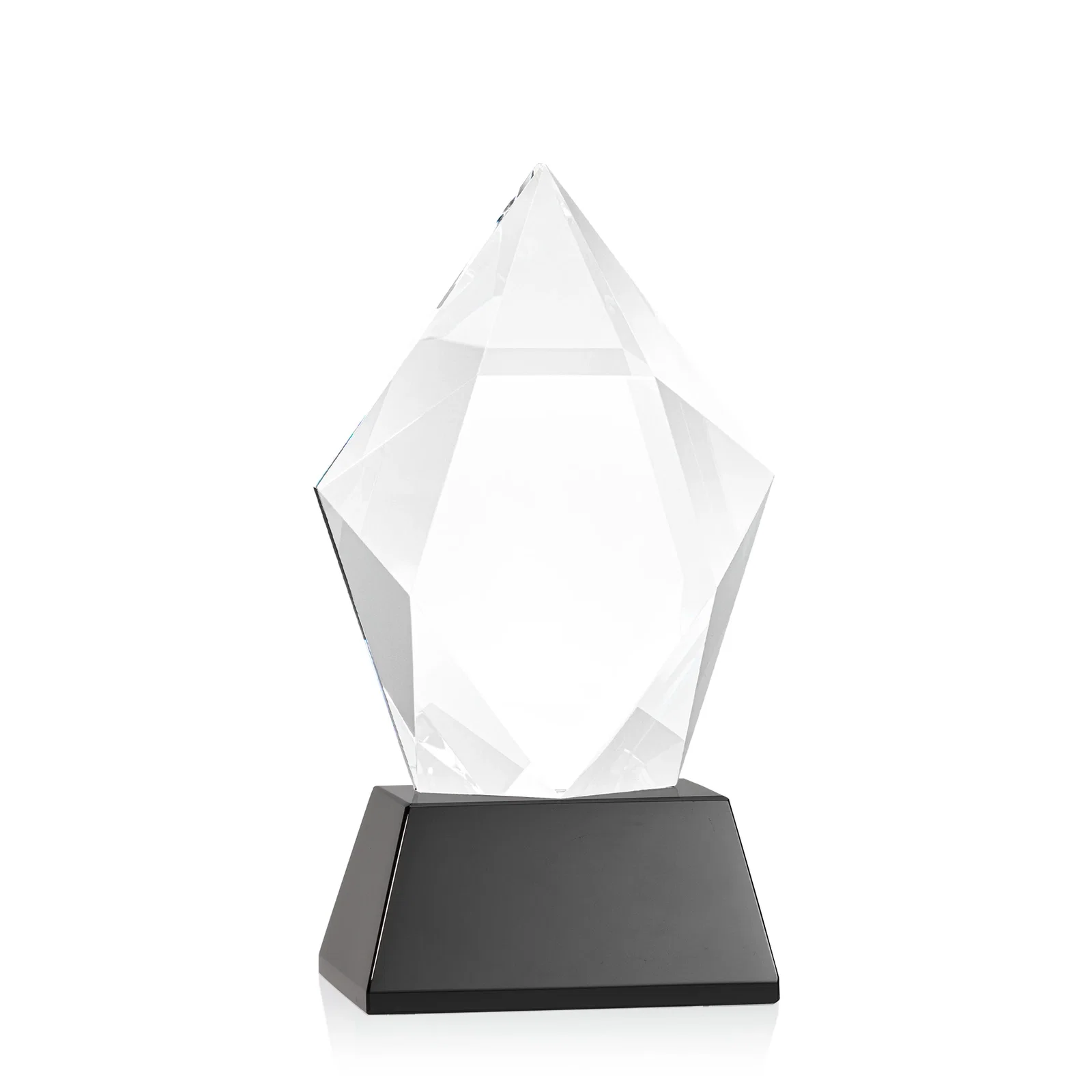 Custom printed Faceted Optical Crystal Pentagon Award on Tall Tapered Base, awards, with your logo for employee recognition