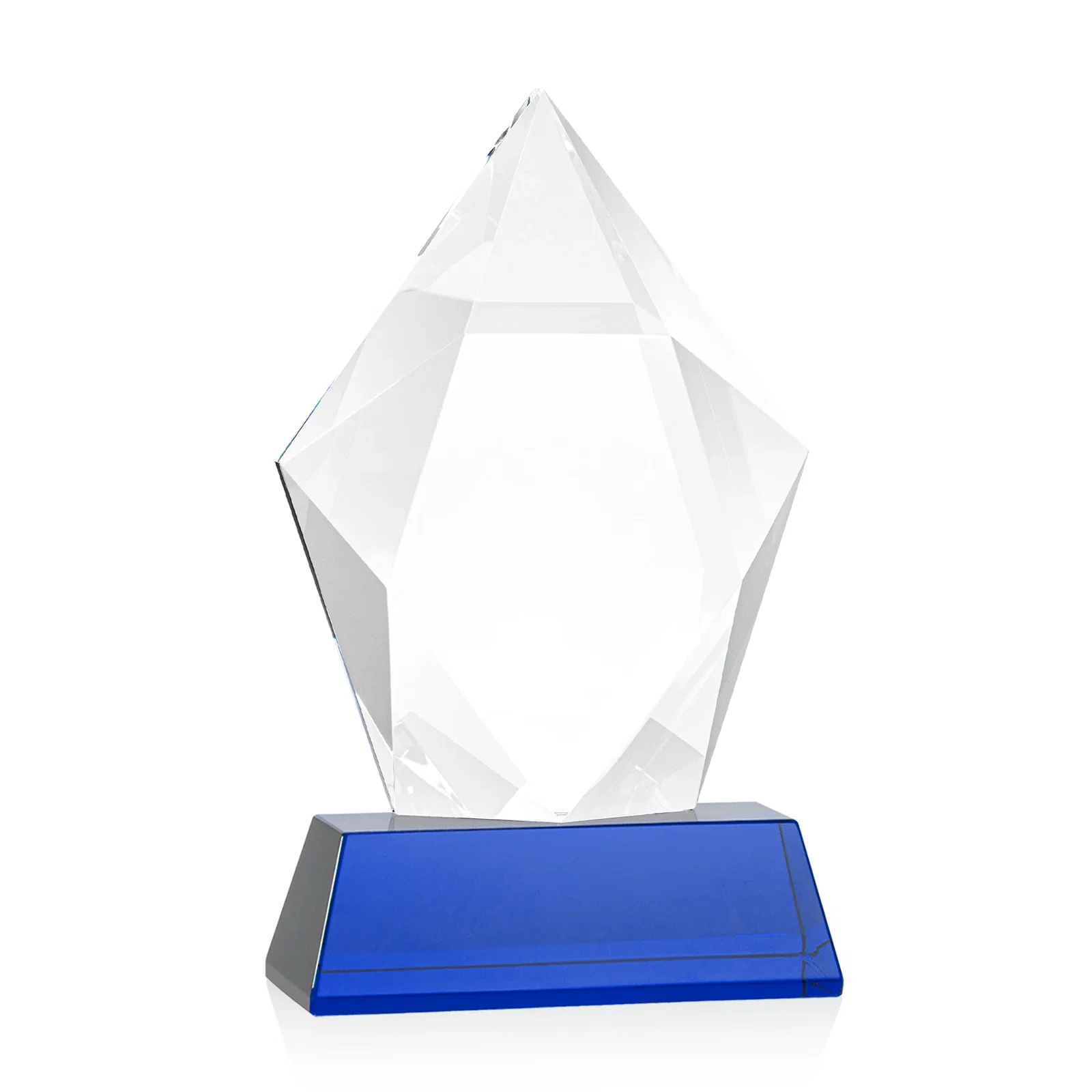 Custom printed Faceted Optical Crystal Pentagon Award on Tall Tapered Base, awards, with your logo for donor appreciation