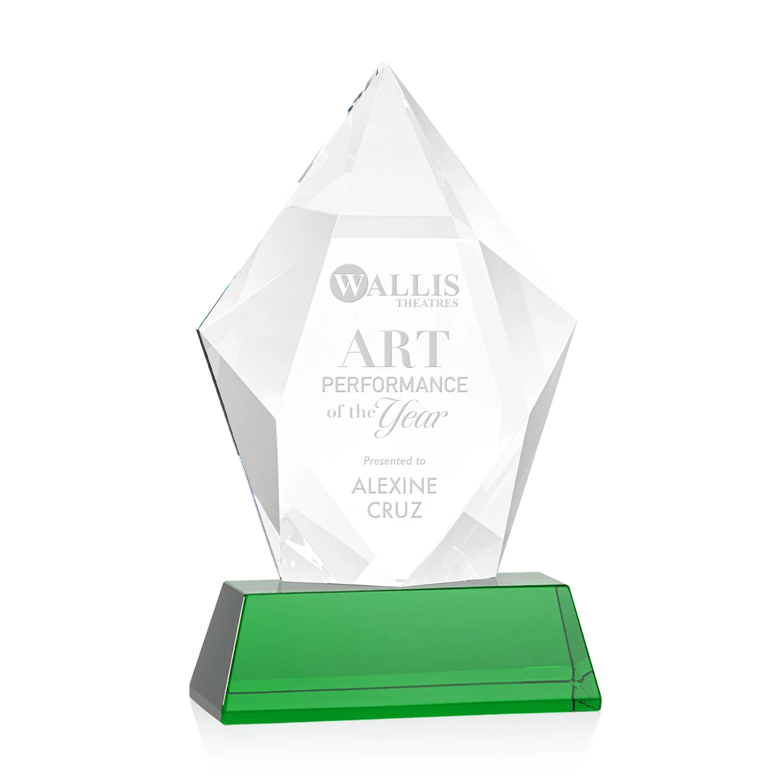 Personalized Faceted Optical Crystal Pentagon Award on Tall Tapered Base, awards for corporate award ceremonies