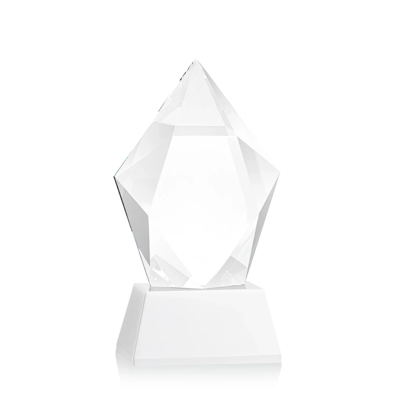 Customized Faceted Optical Crystal Pentagon Award on Tall Tapered Base, awards, with your logo for retirement presentations